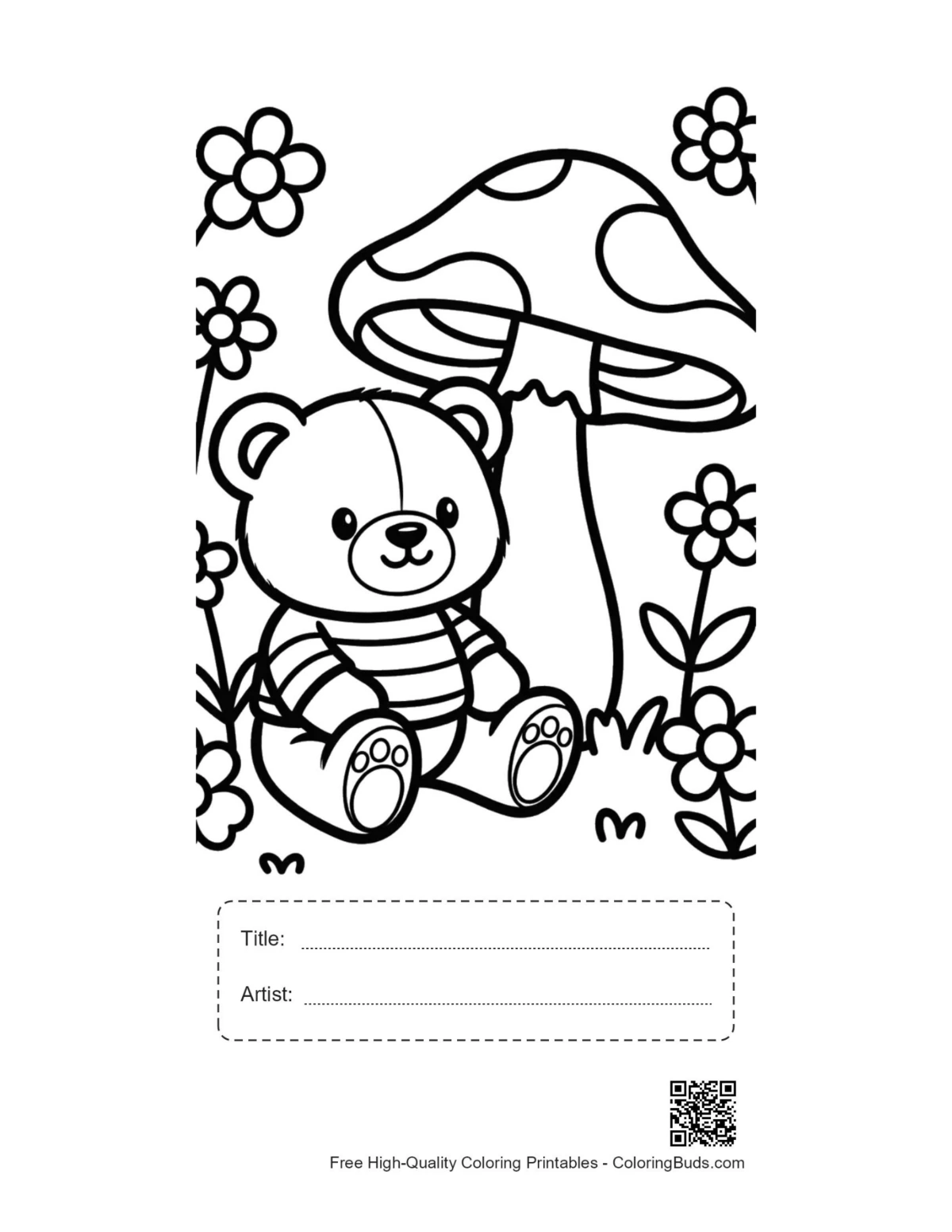 Teddy bear mushroom garden printable with title artist box