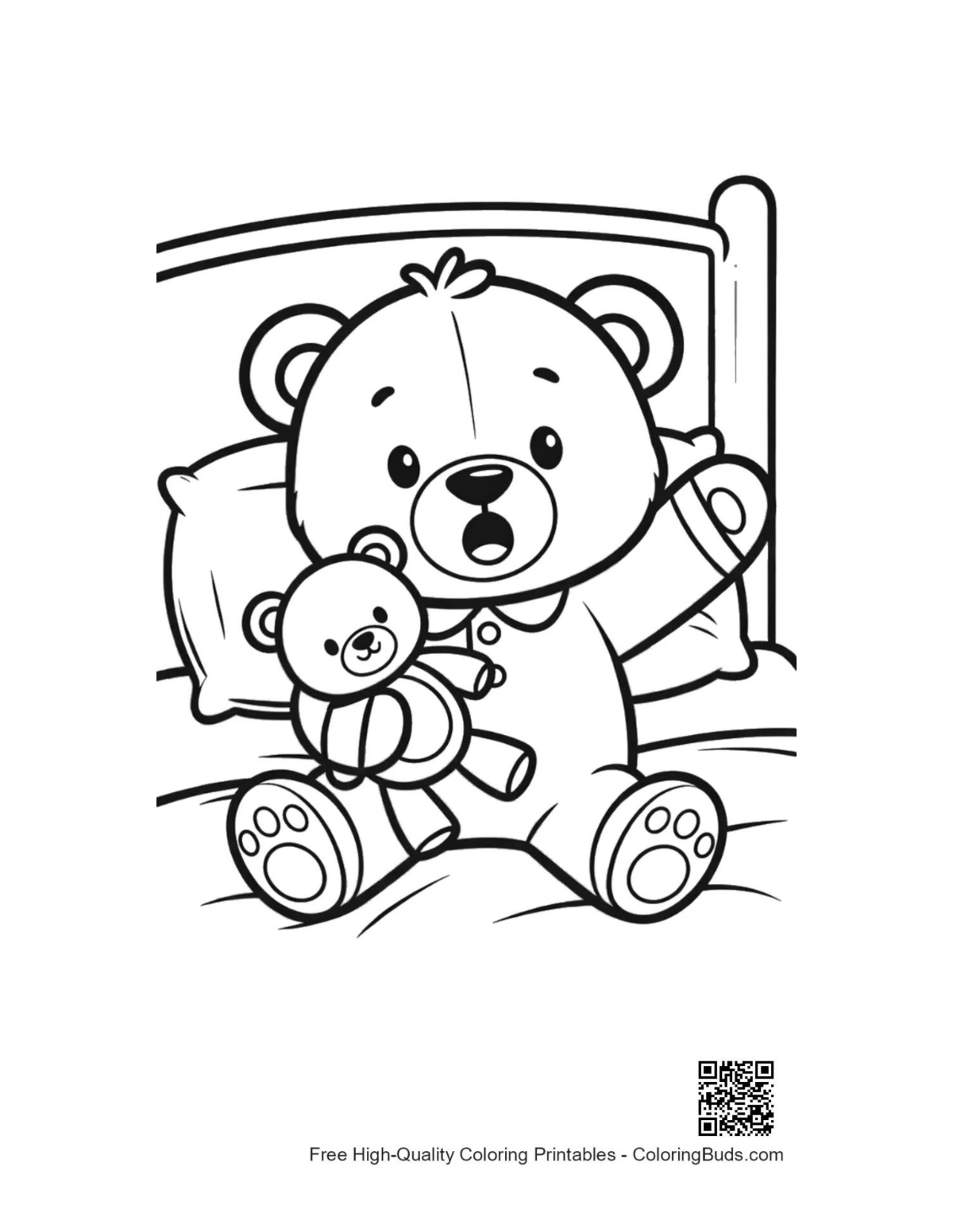 Cute teddy bear waking up in bed with toy coloring page