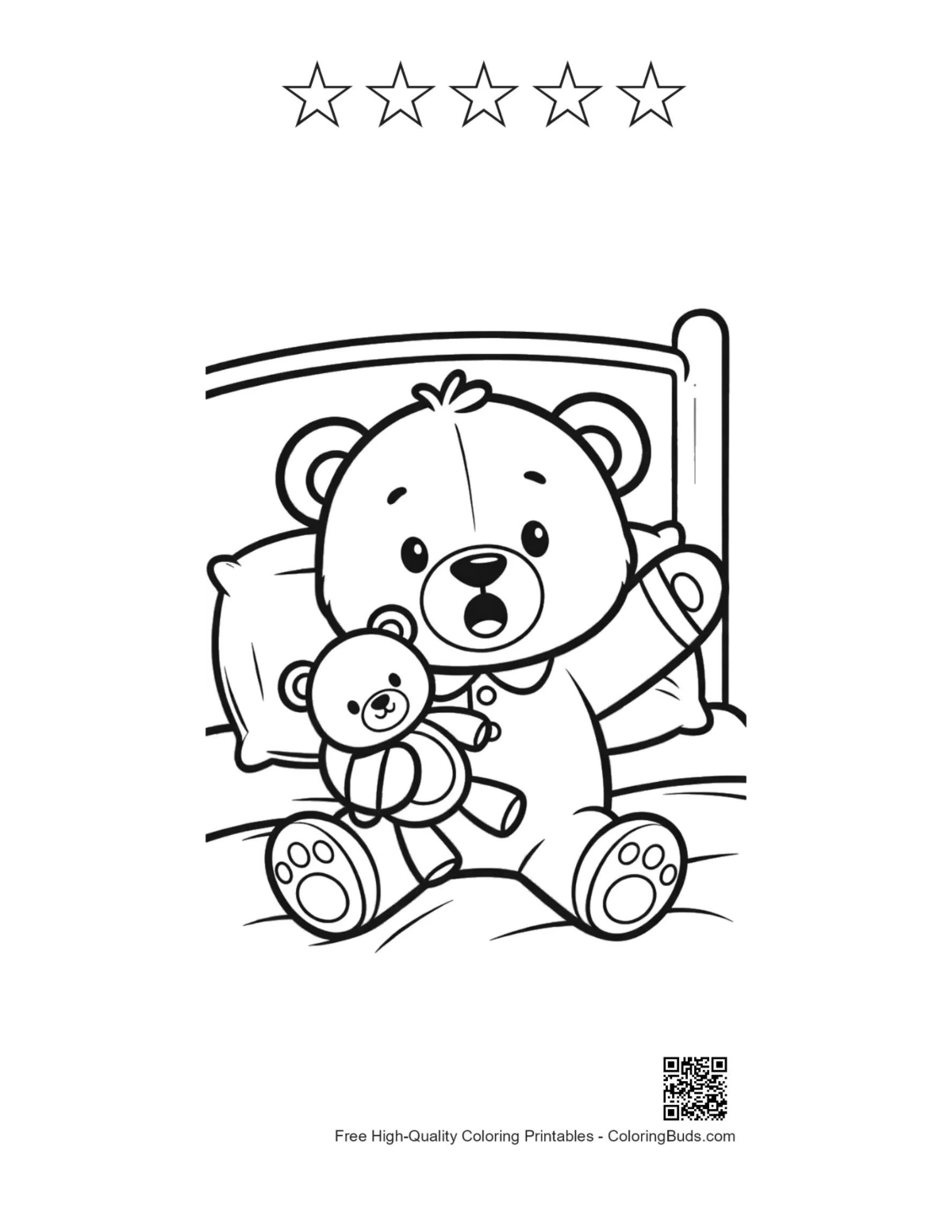 Teddy bear waking up with 5 star outlines printable