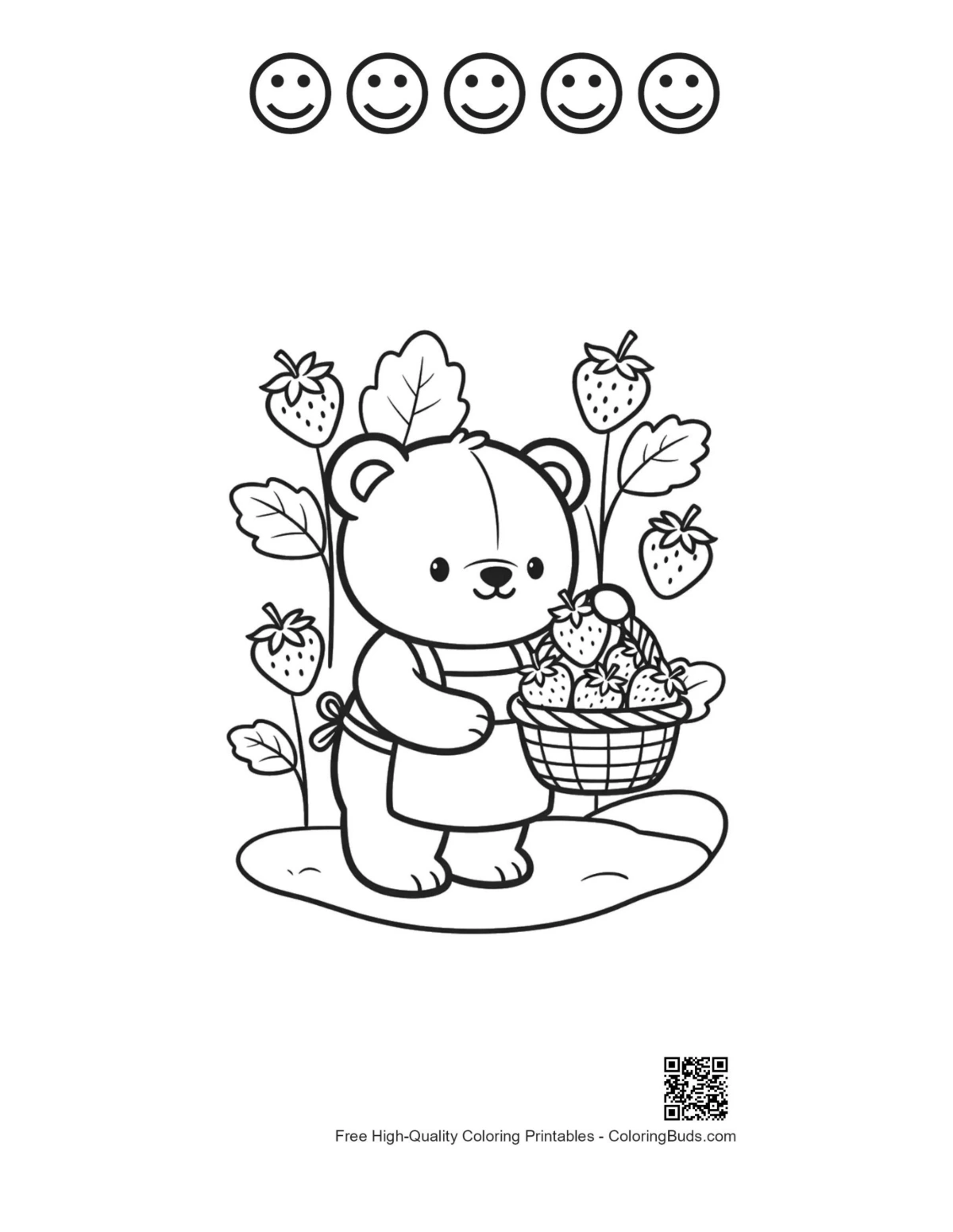 Teddy bear strawberries printable with happy faces outlines