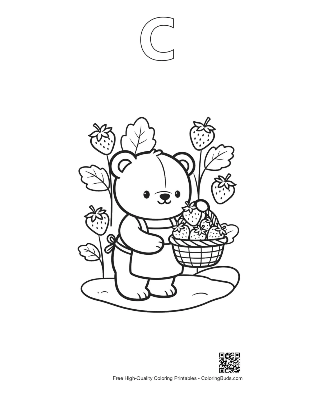 Teddy bear strawberries printable with alphabet C outline
