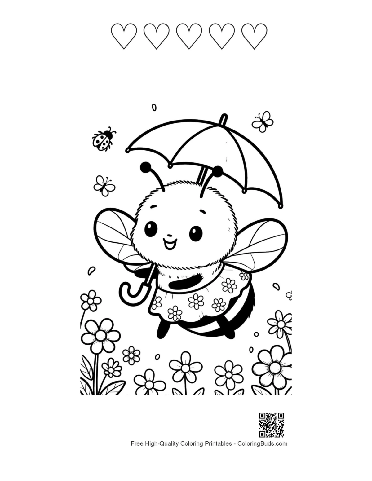 Adorable bee umbrella printable 5 heart outlines