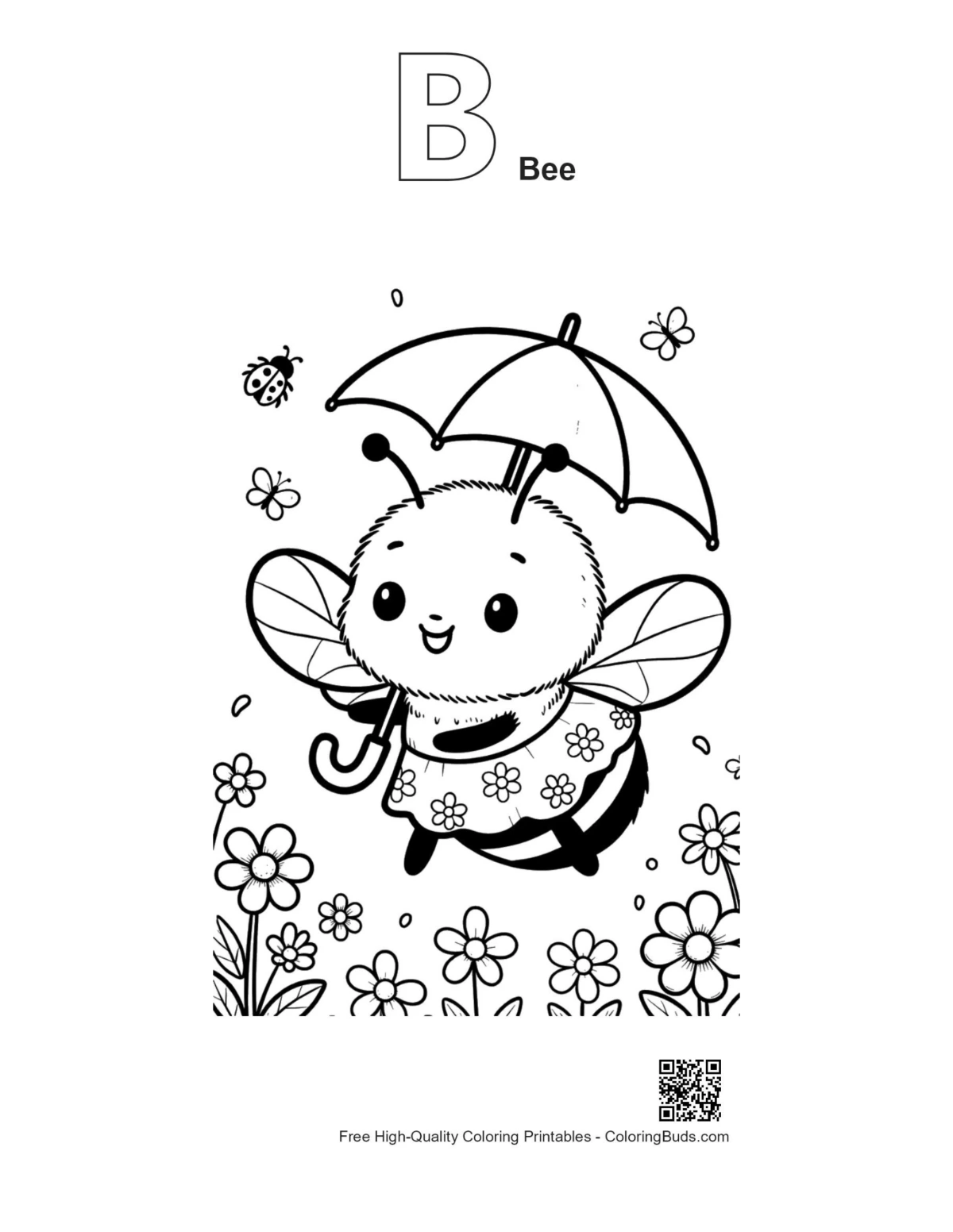 Adorable bee umbrella printable outline alphabet B bee