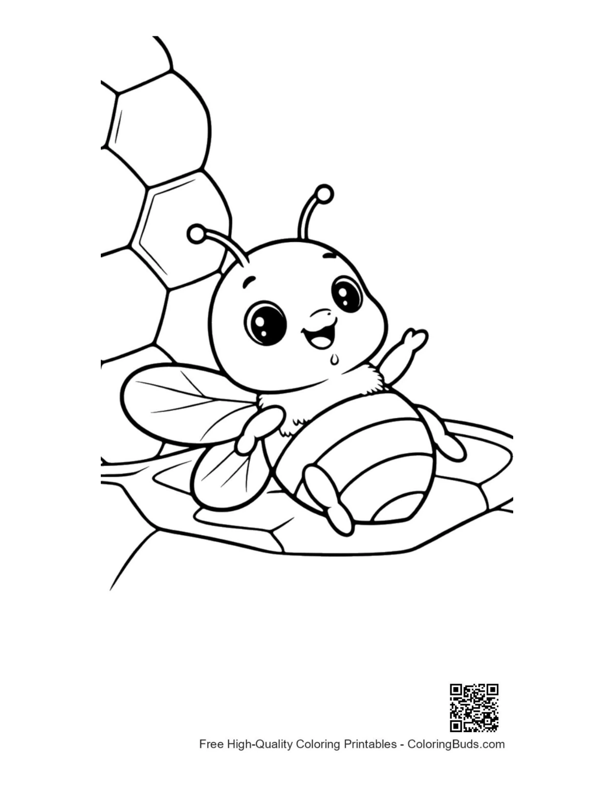 Adorable honey bee on honeycomb cell coloring printable