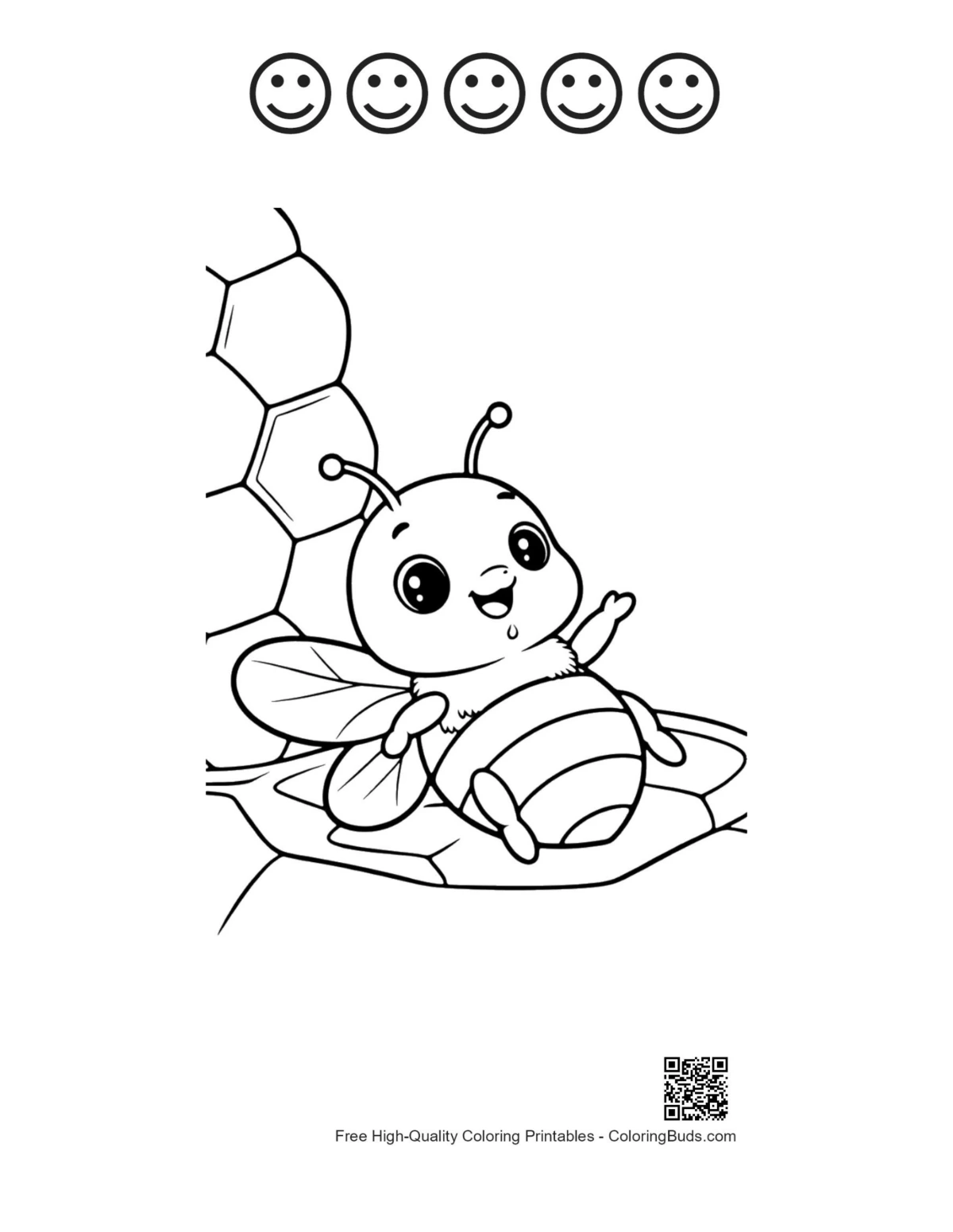 Honey bee coloring page with 5 happy faces outlines