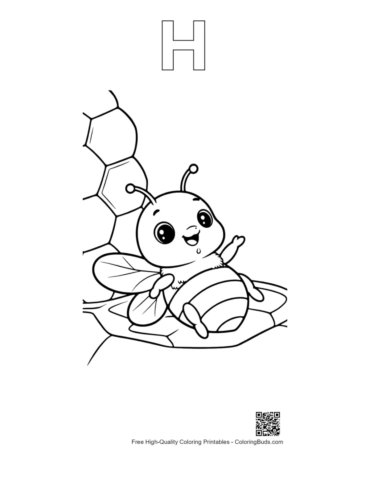 Honey bee honeycomb printable with alphabet H outline