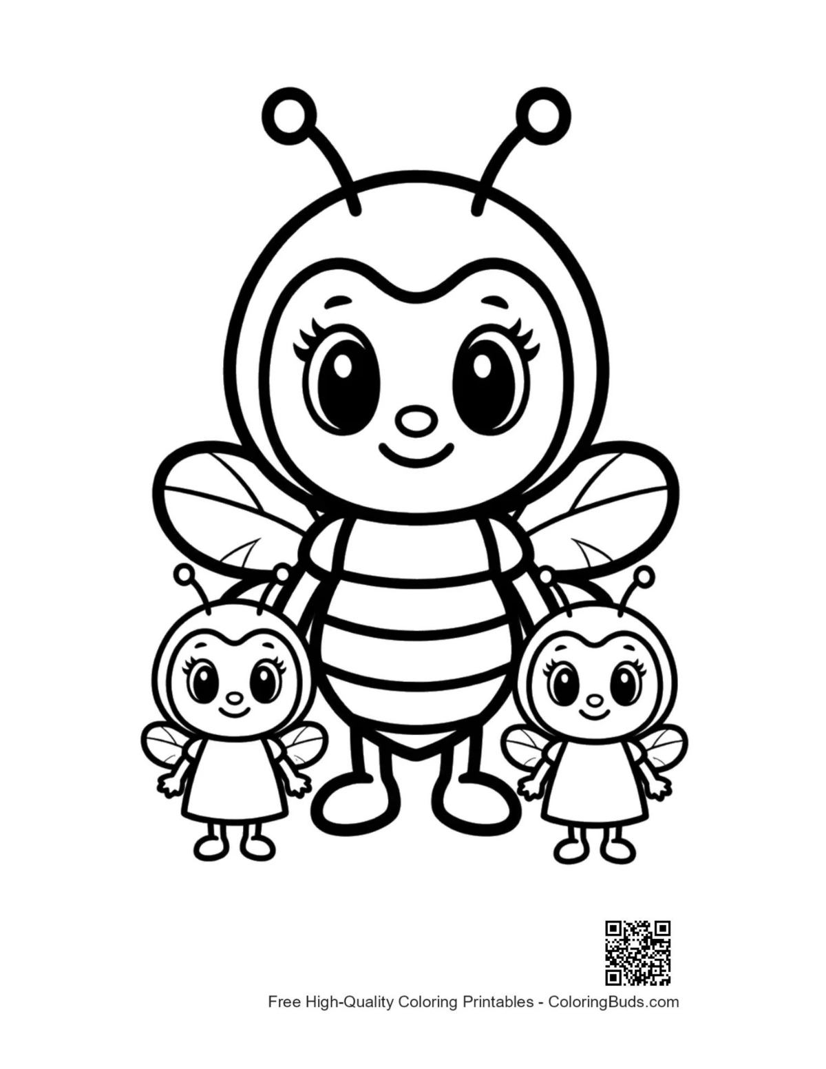 Cute mom honey bee with twins coloring page