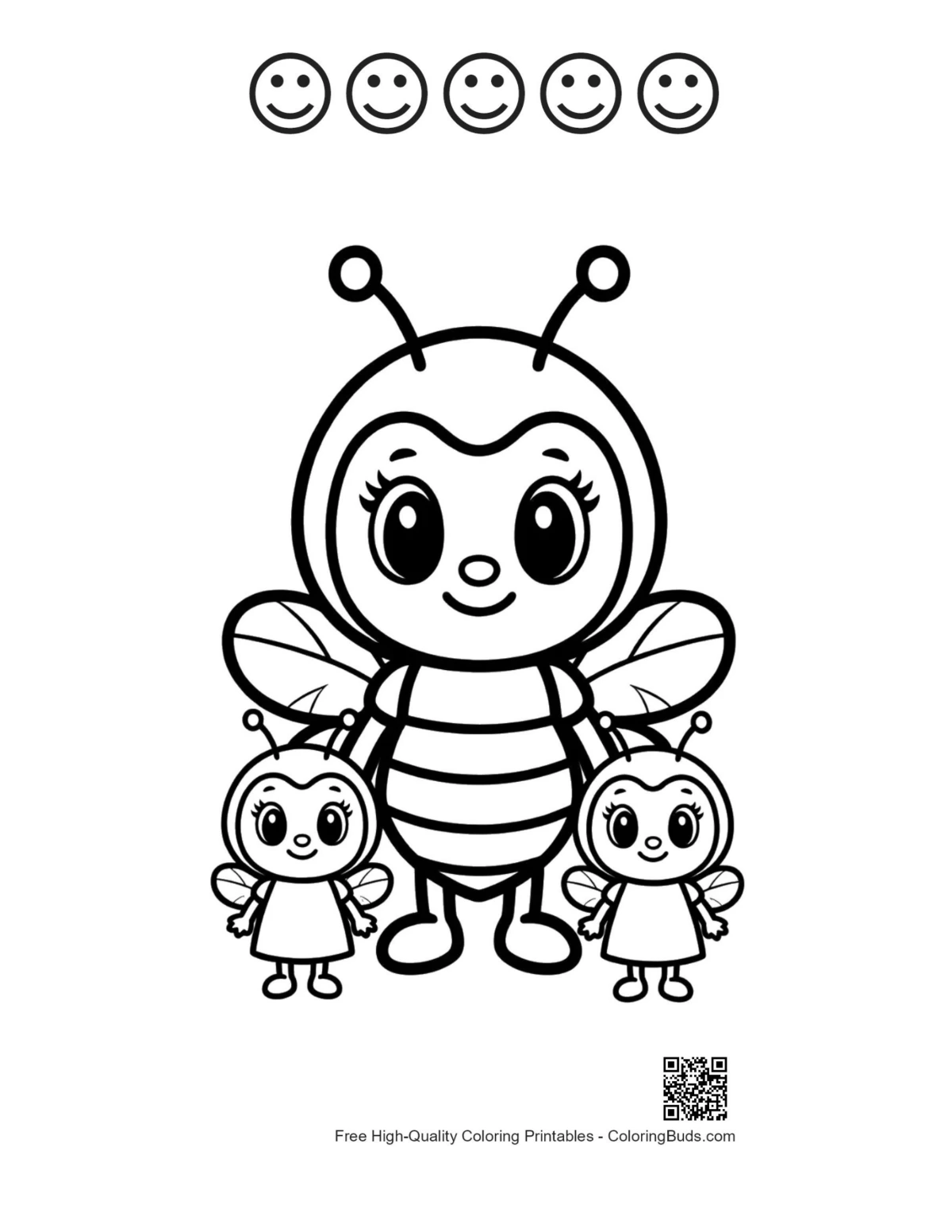 Happy face outlines with bee mom and babies