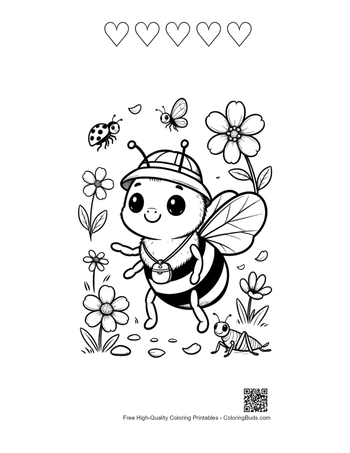 Honey bee cute hat printable with 5 hearts