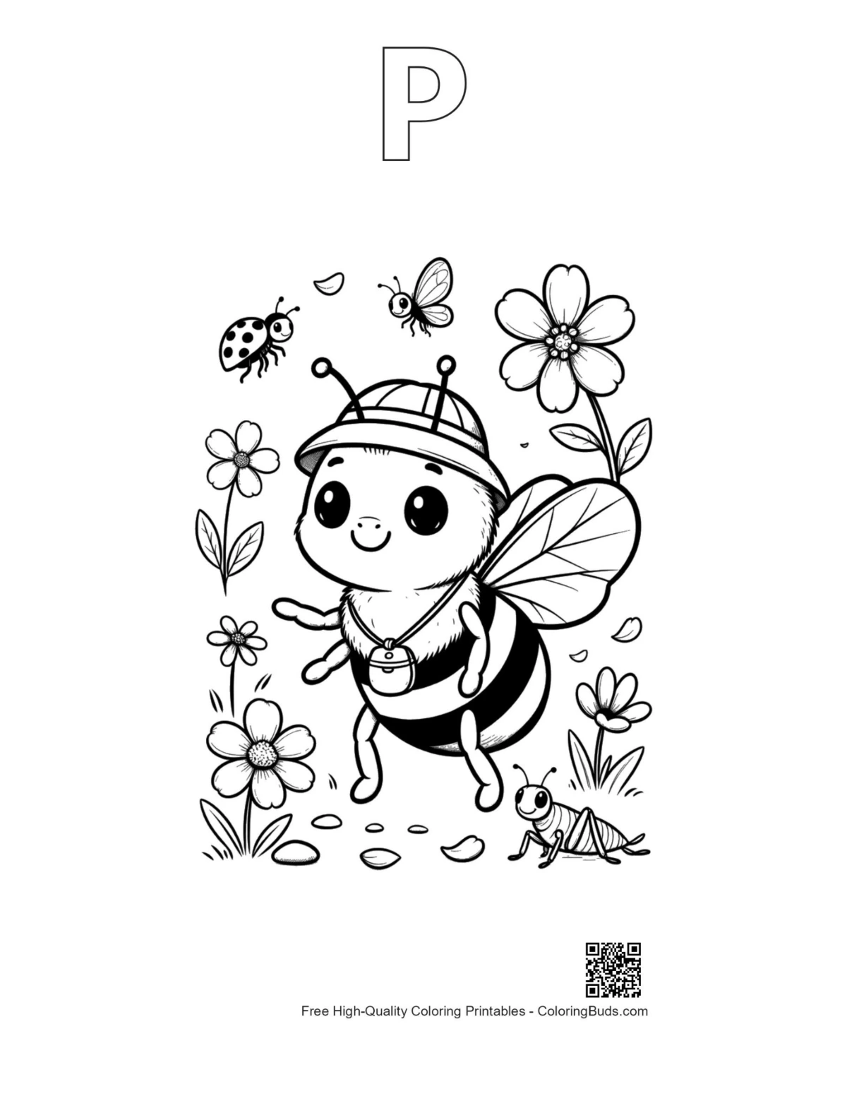Honey bee hat garden outline alphabet P printable