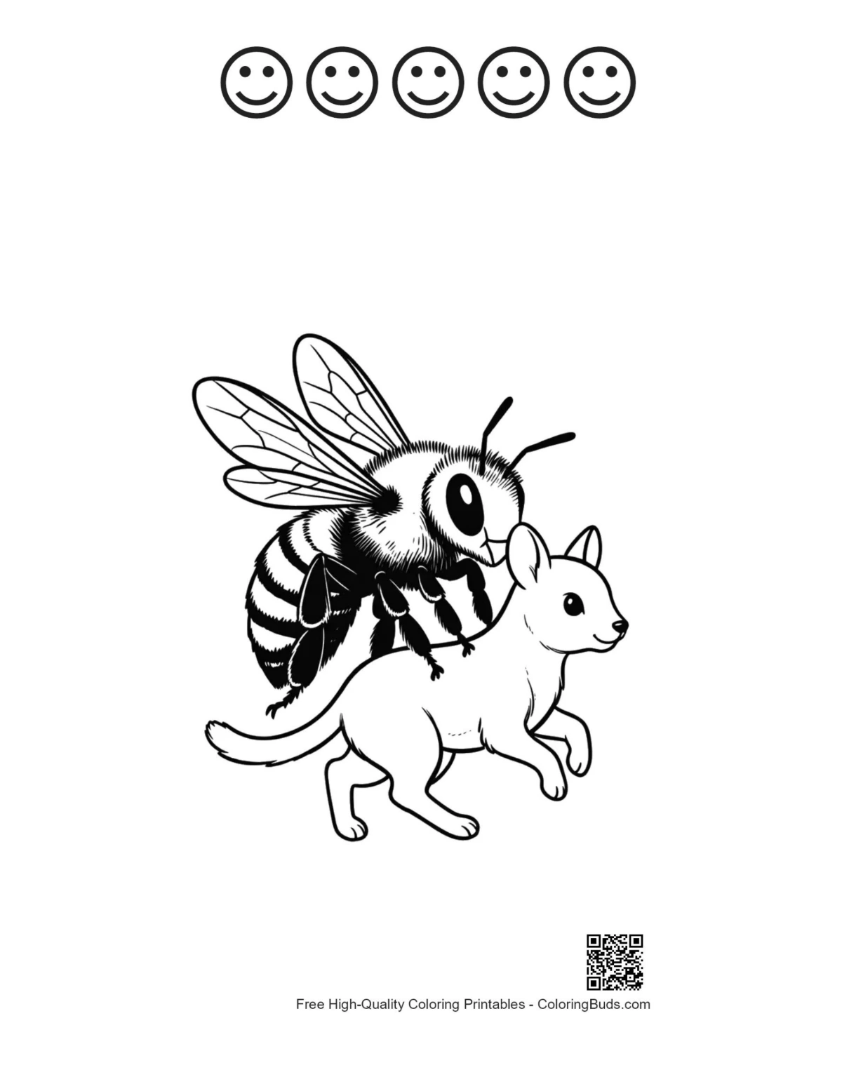 Printable bee riding kitten featuring 5 happy face outlines
