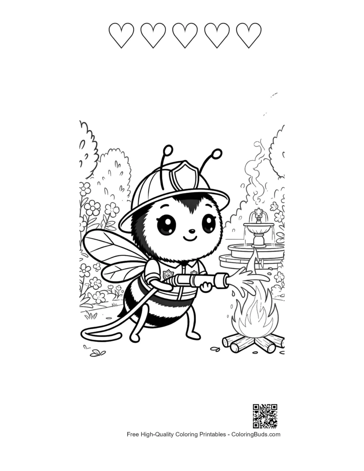 Firefighter bee with 5 heart outlines printable