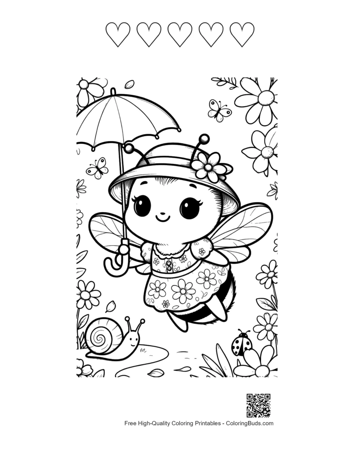 Bumble bee with 5 hearts coloring printable