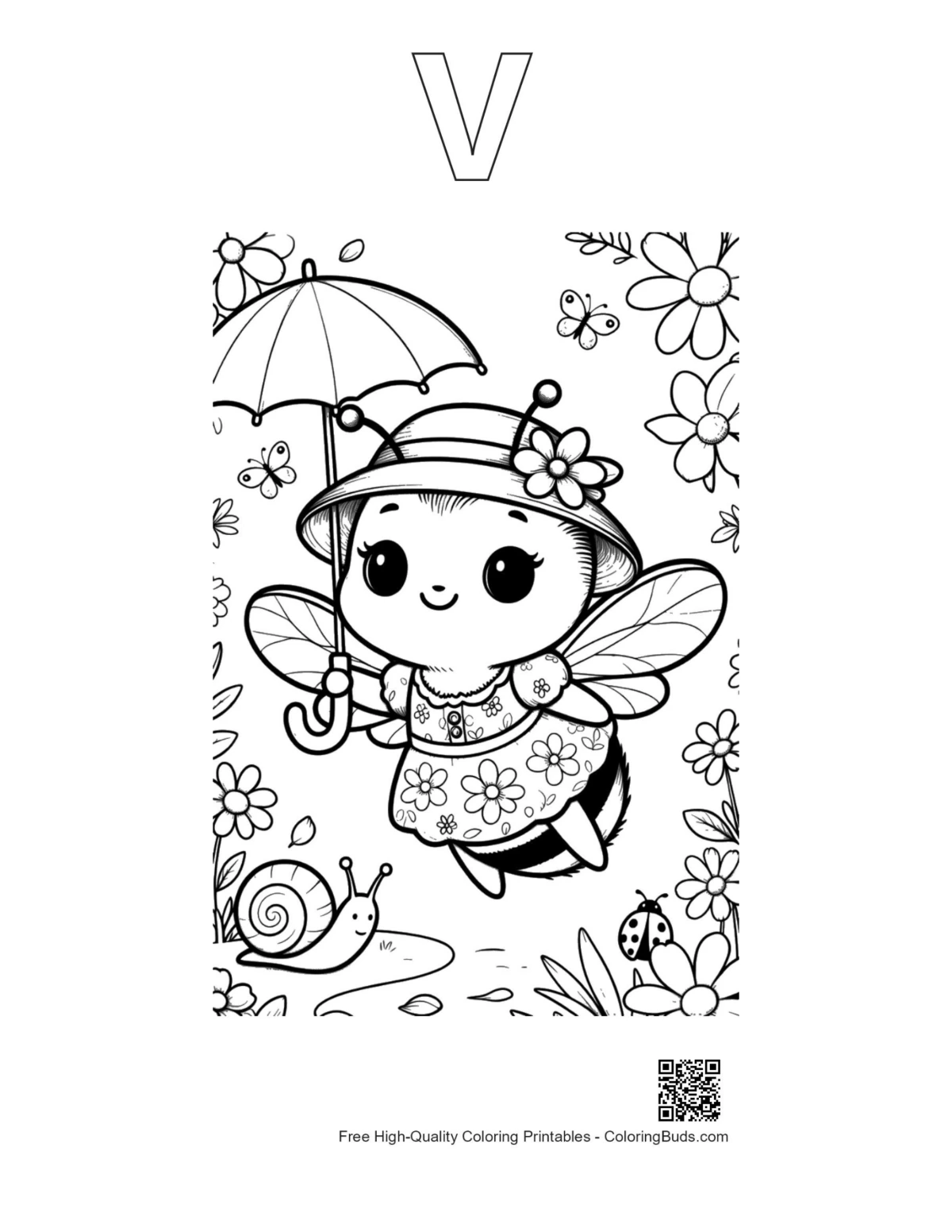 Bumble bee coloring page alphabet V outline