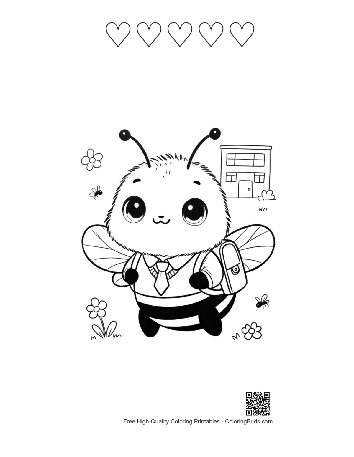 Bumble bee with 5 hearts outline coloring printable