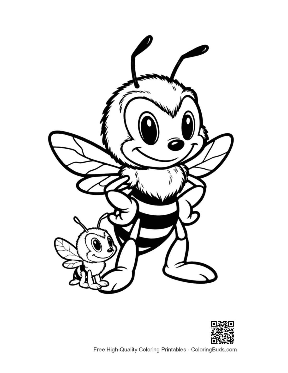 Cheerful big bumble bee and cute baby bee illustration