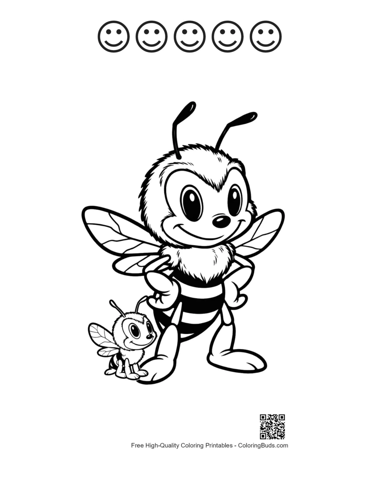 Printable cheerful bumble bee with 5 happy face outlines