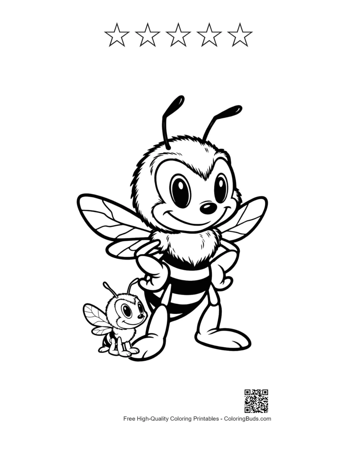 Cheerful bumble bee printable with 5 star outlines