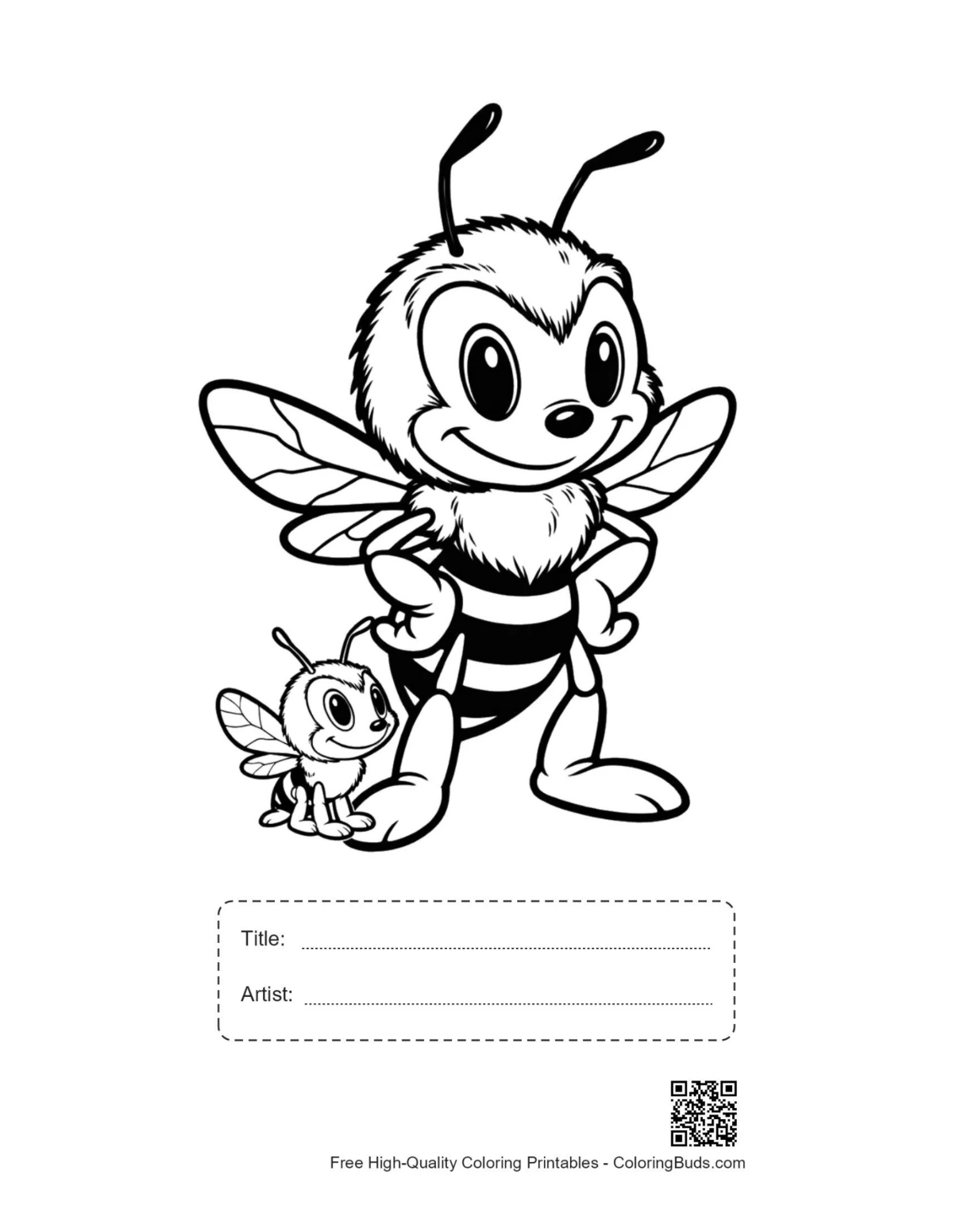 Printable cheerful big bumble bee with baby bee and title box