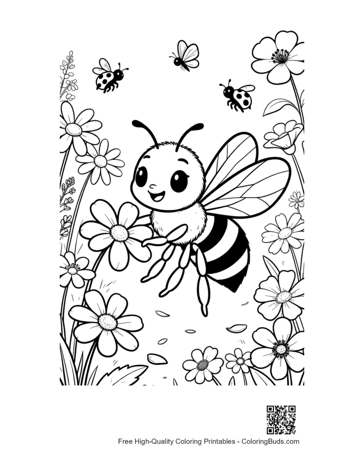 Cheerful honey bee in flowers printable coloring page