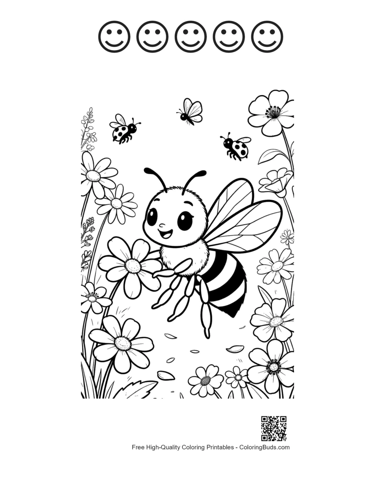 Honey bee printable with 5 happy faces outlines