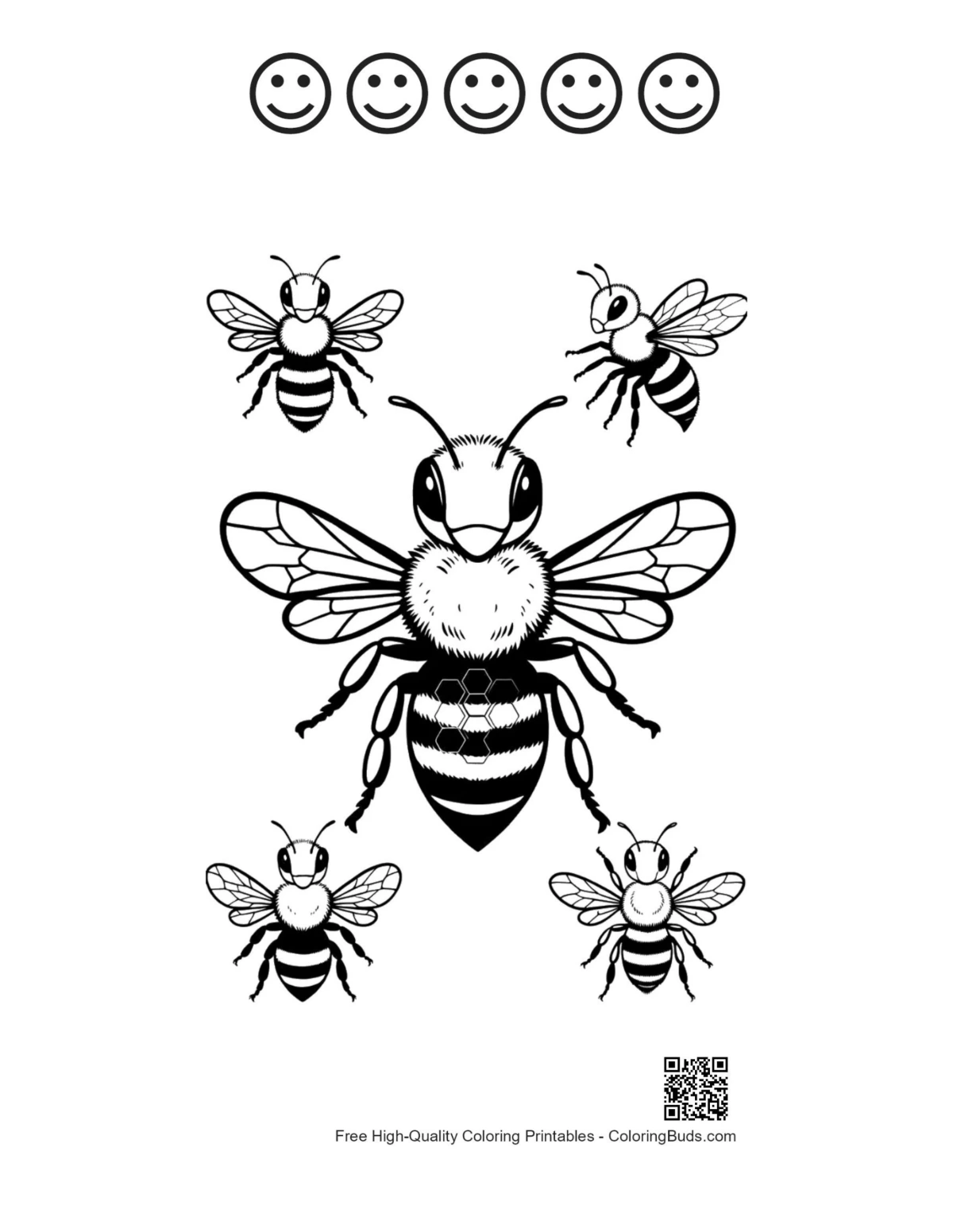 Honey bees with happy faces and honeycomb outline