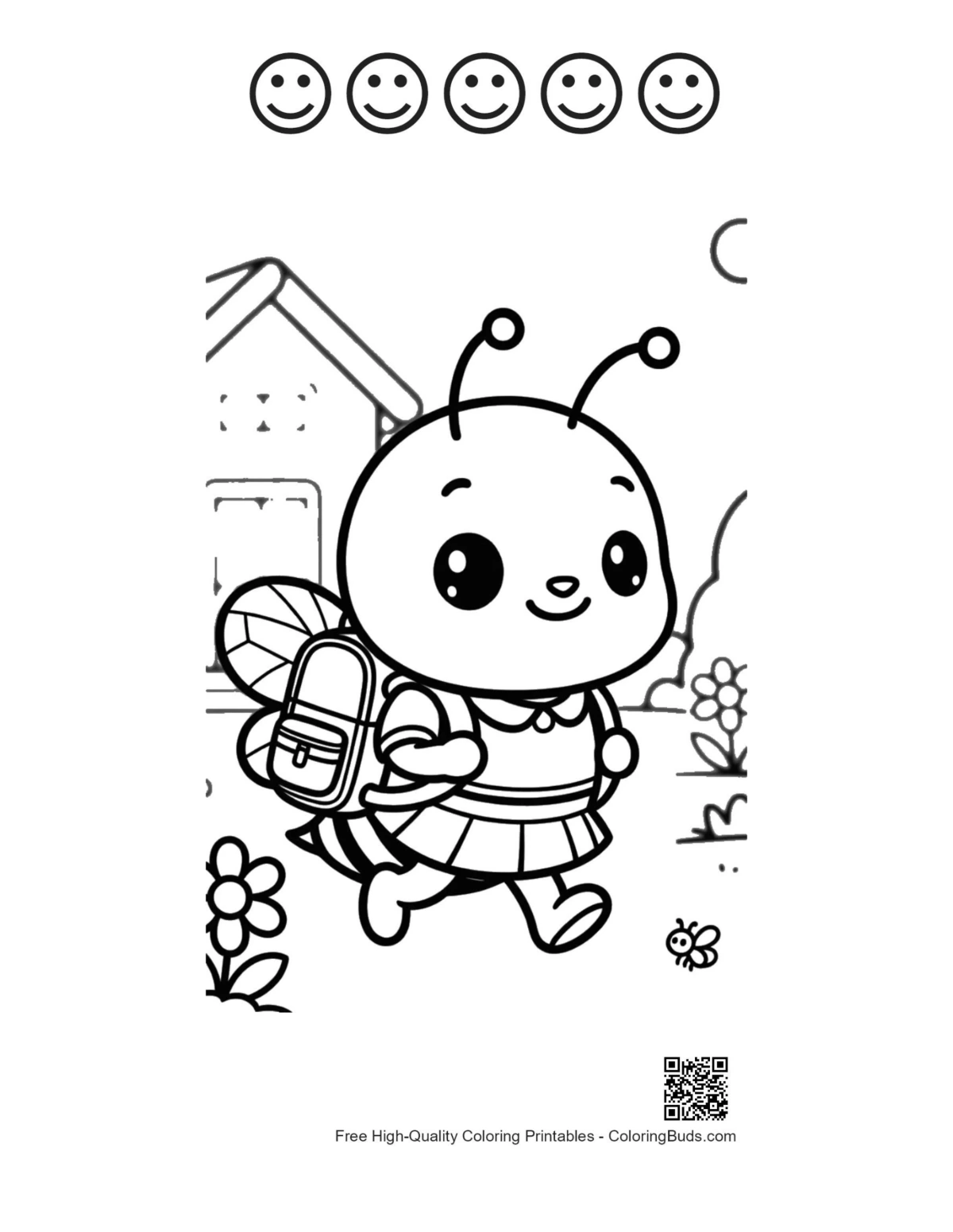 Baby bee backpack school 5 happy face outline coloring printable
