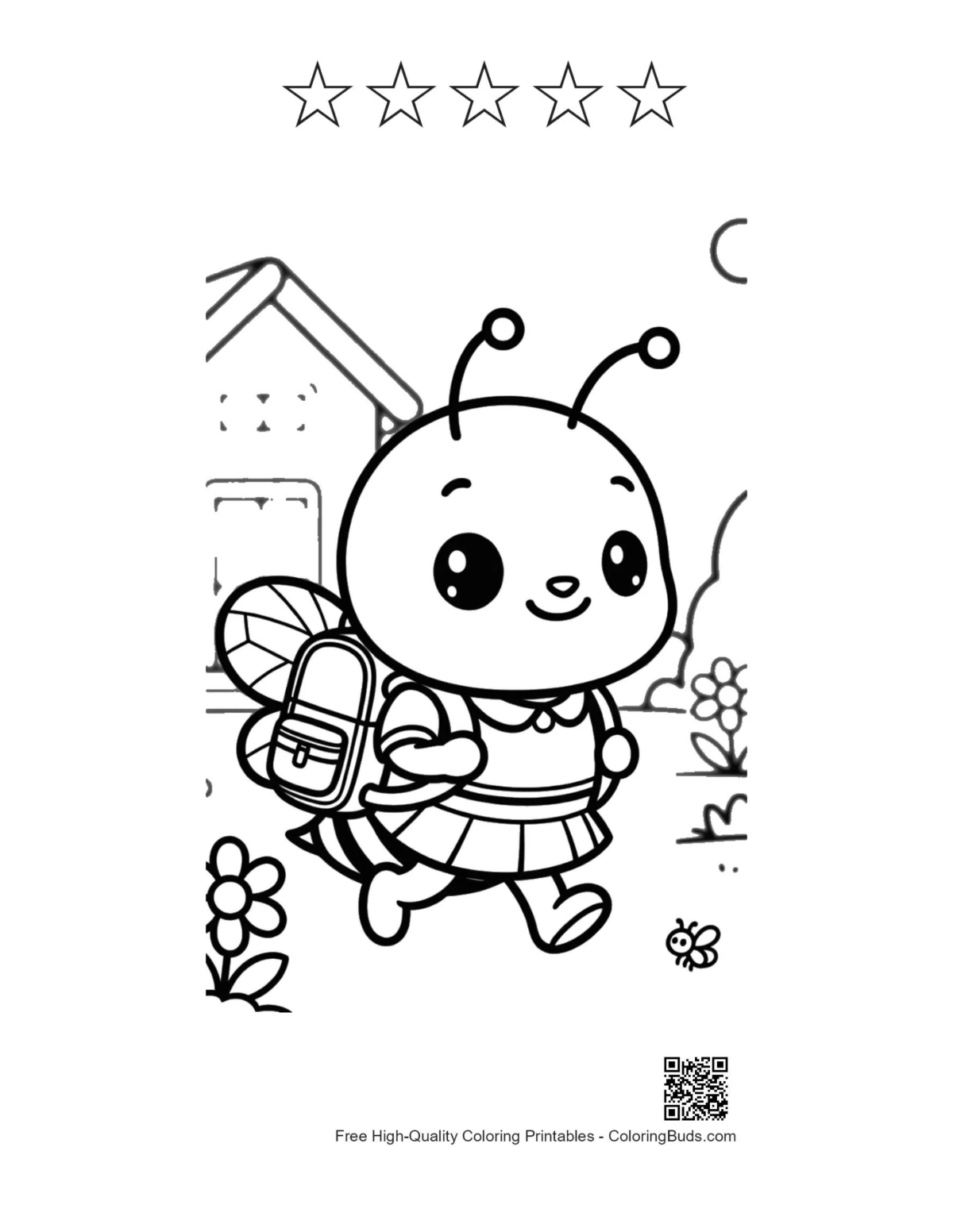 Cute bee school backpack with 5 star outline printable page