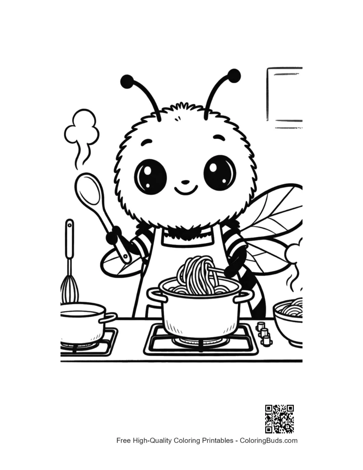 Cute baby bumble bee cooking coloring page printable