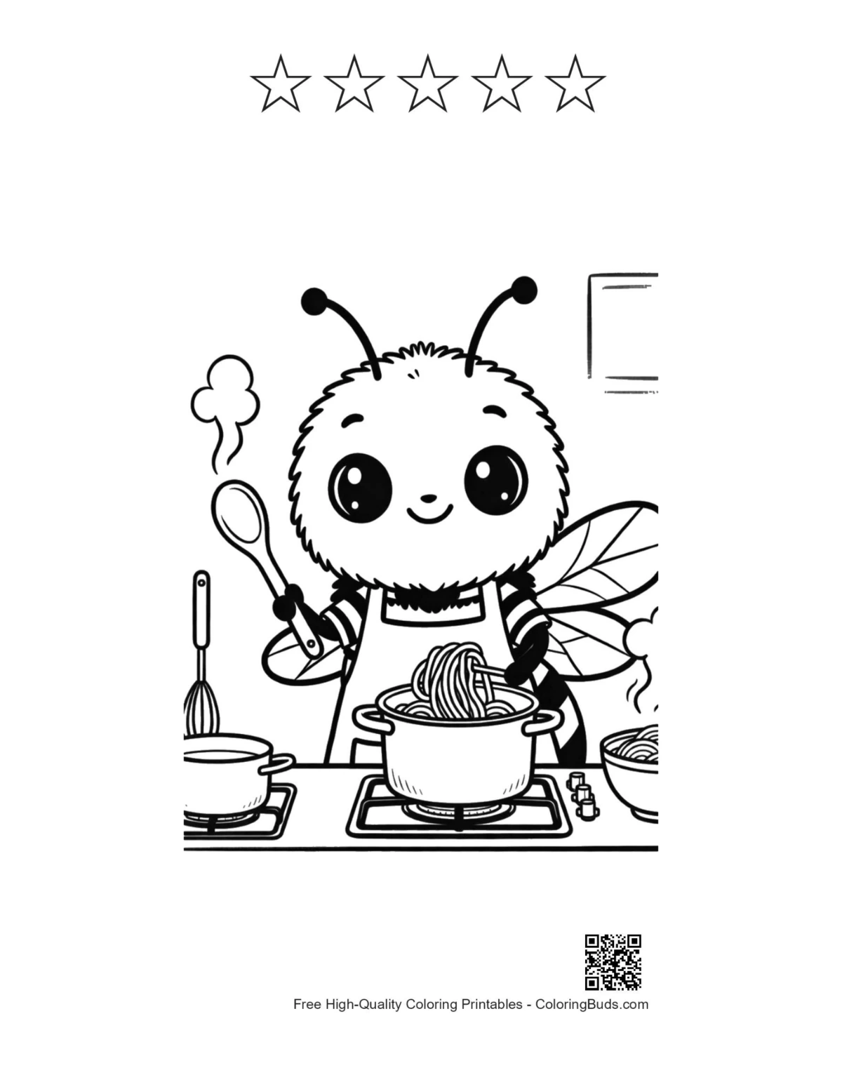 Bumble bee cooking coloring page with 5 stars