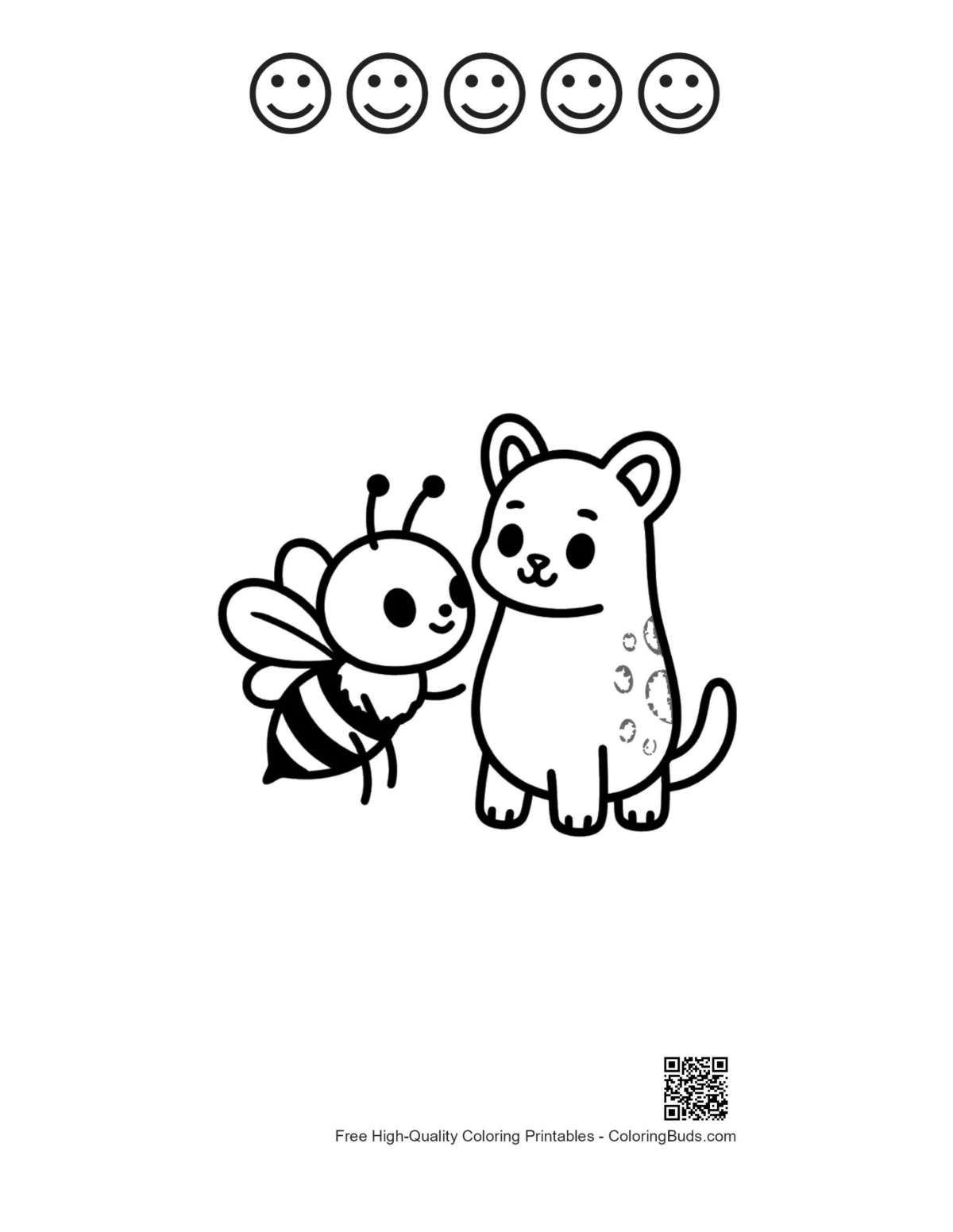 Printable cute bee and kitten with happy face outlines