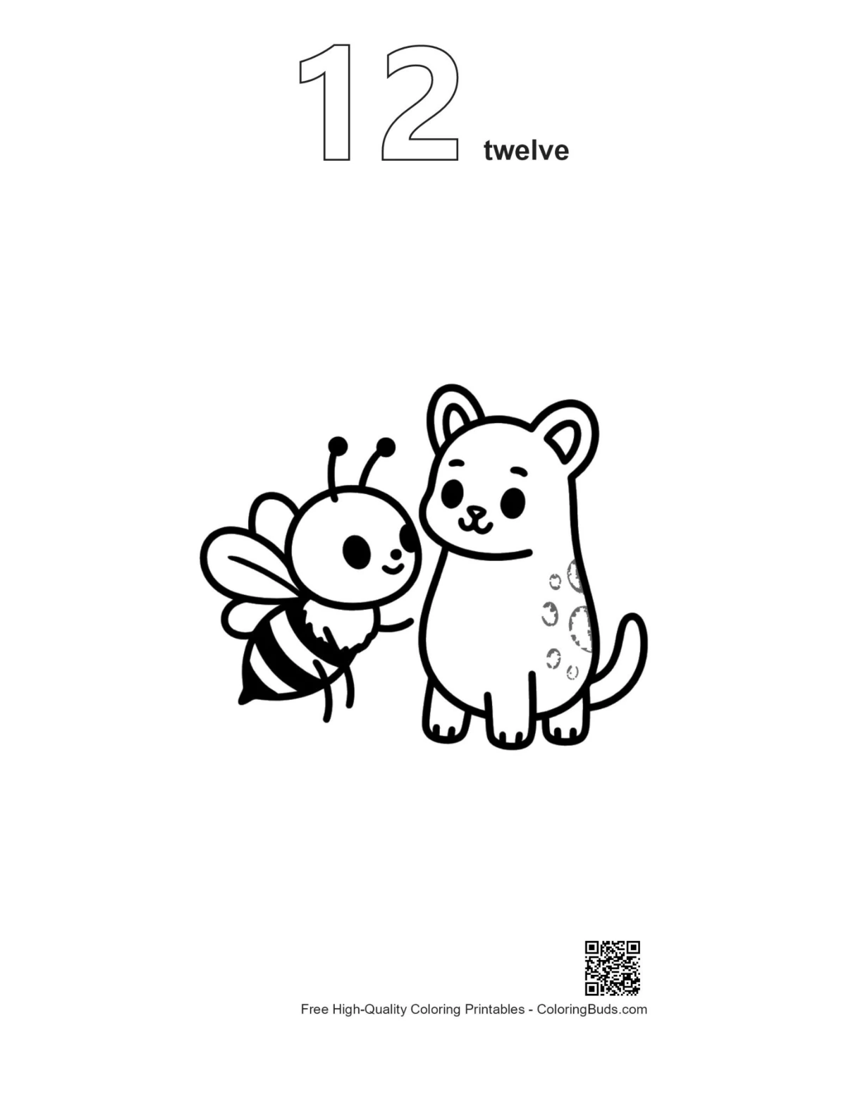 Outline printable of cute bee and kitten friendship number 12