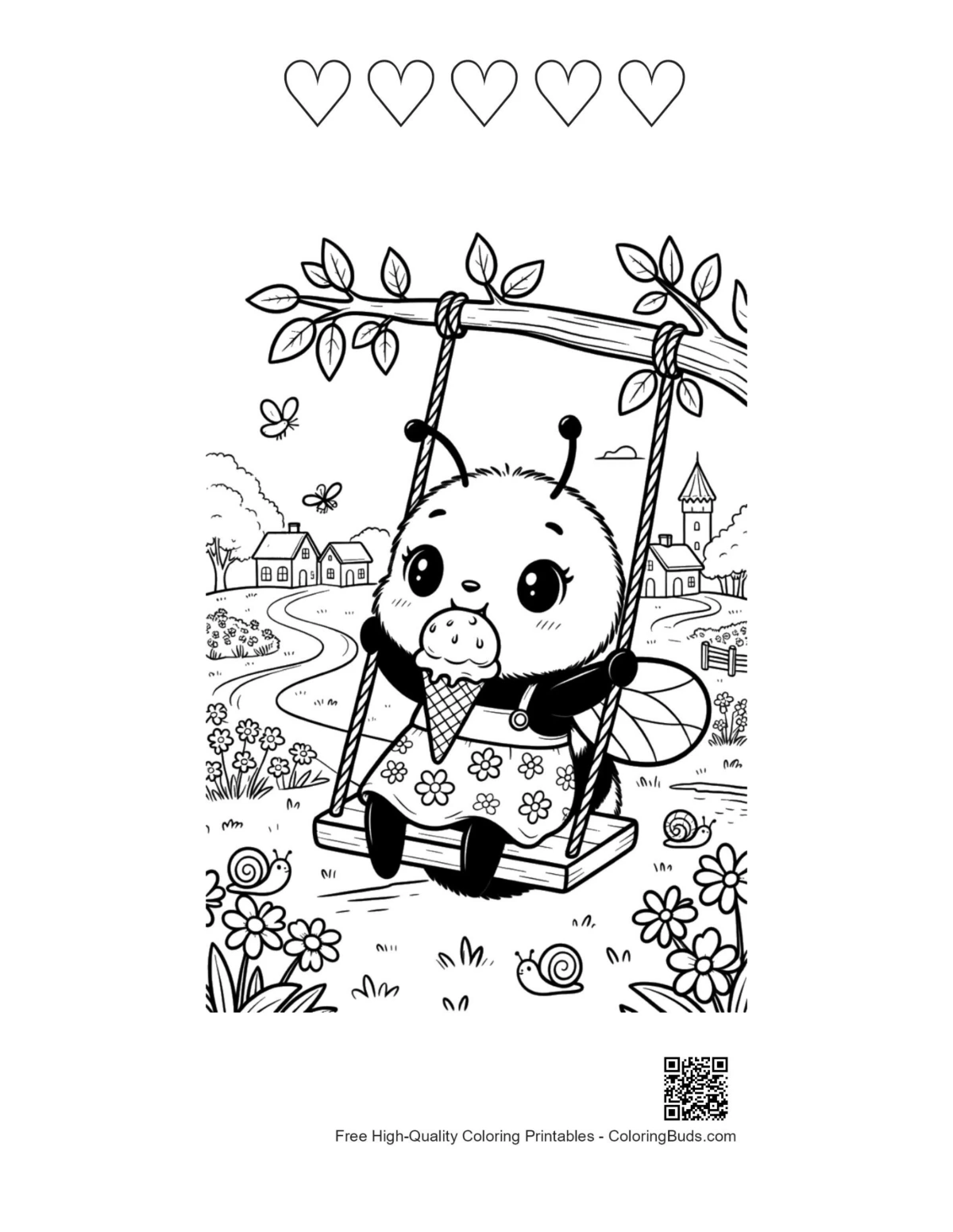 Cute bee cub on swing with 5 heart outlines printable