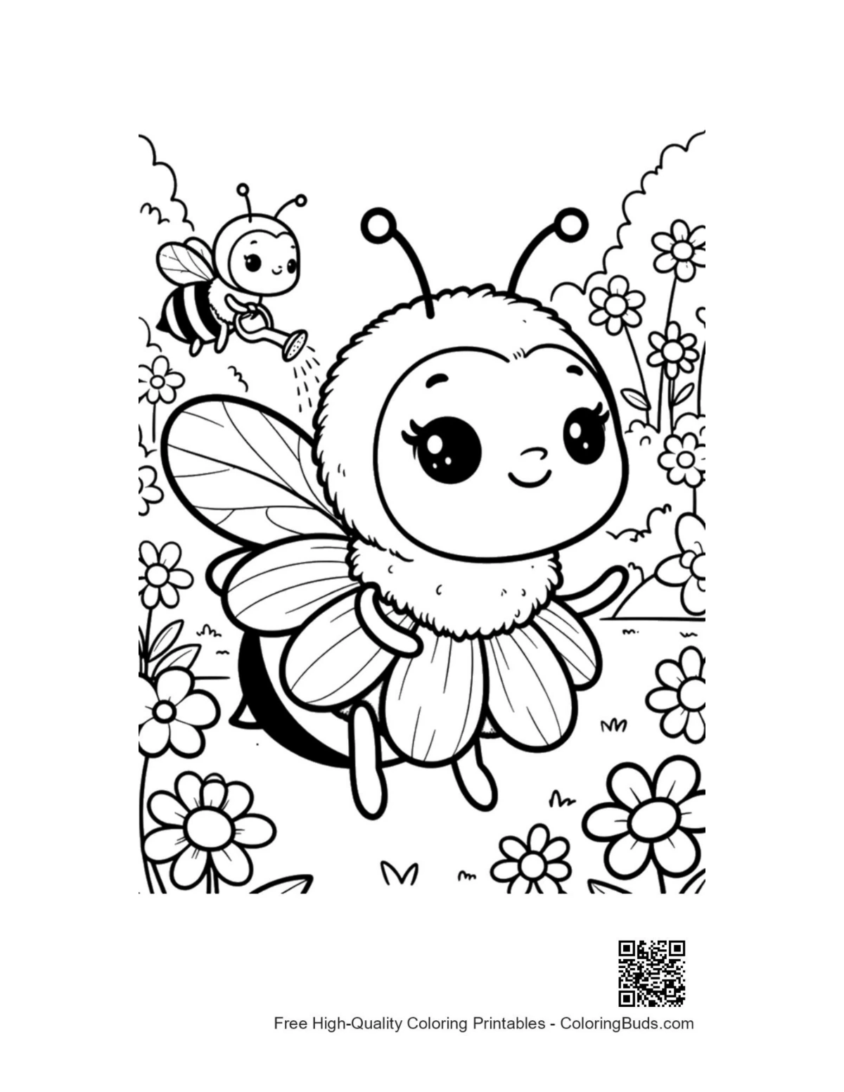 Cute honey bee gardener with flower crown watering plants