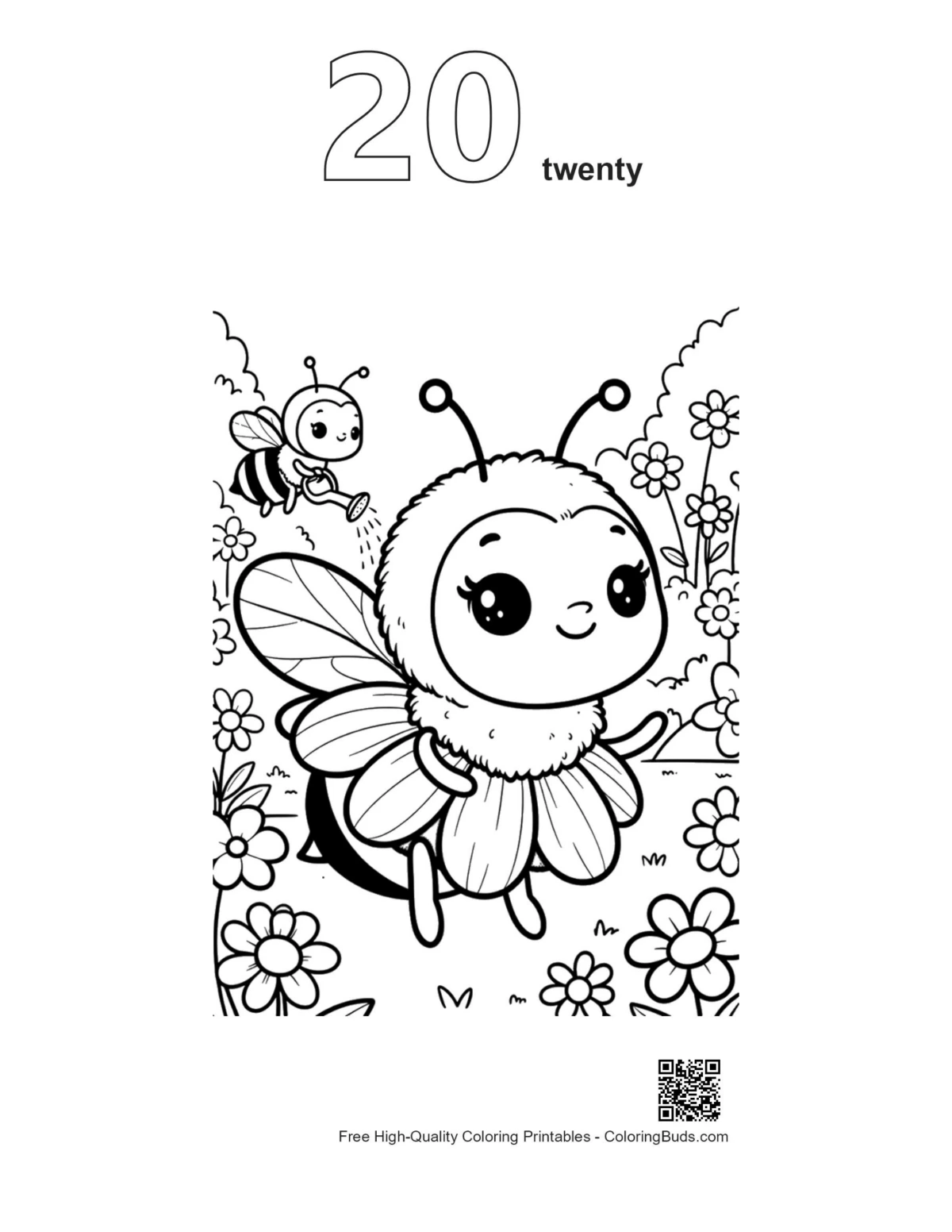 Bee gardener coloring page outline with number 20
