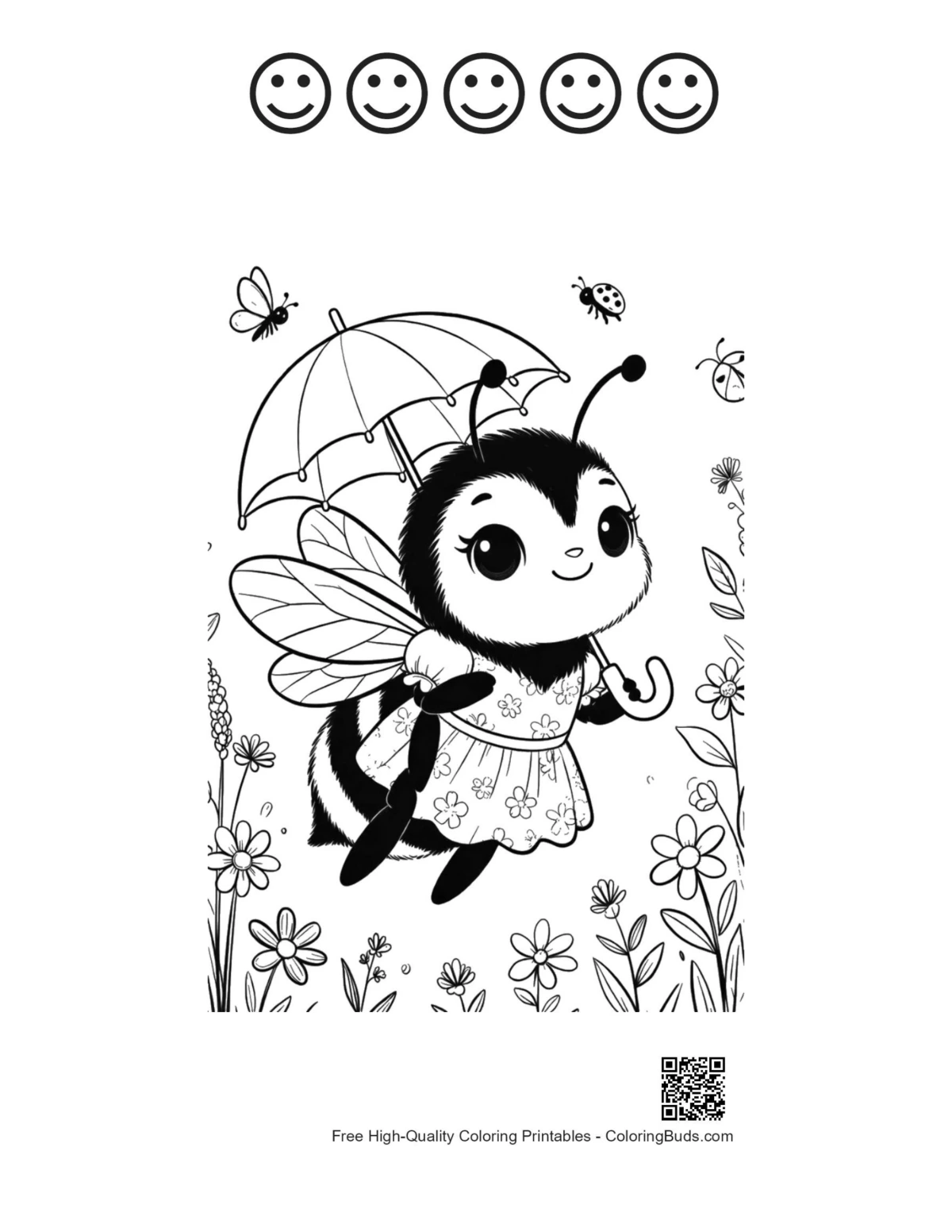 Cute bumble bee with 5 happy faces outline printable