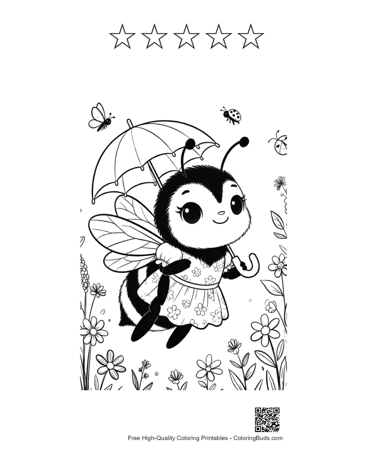 Bumble bee coloring page with five stars outline printable