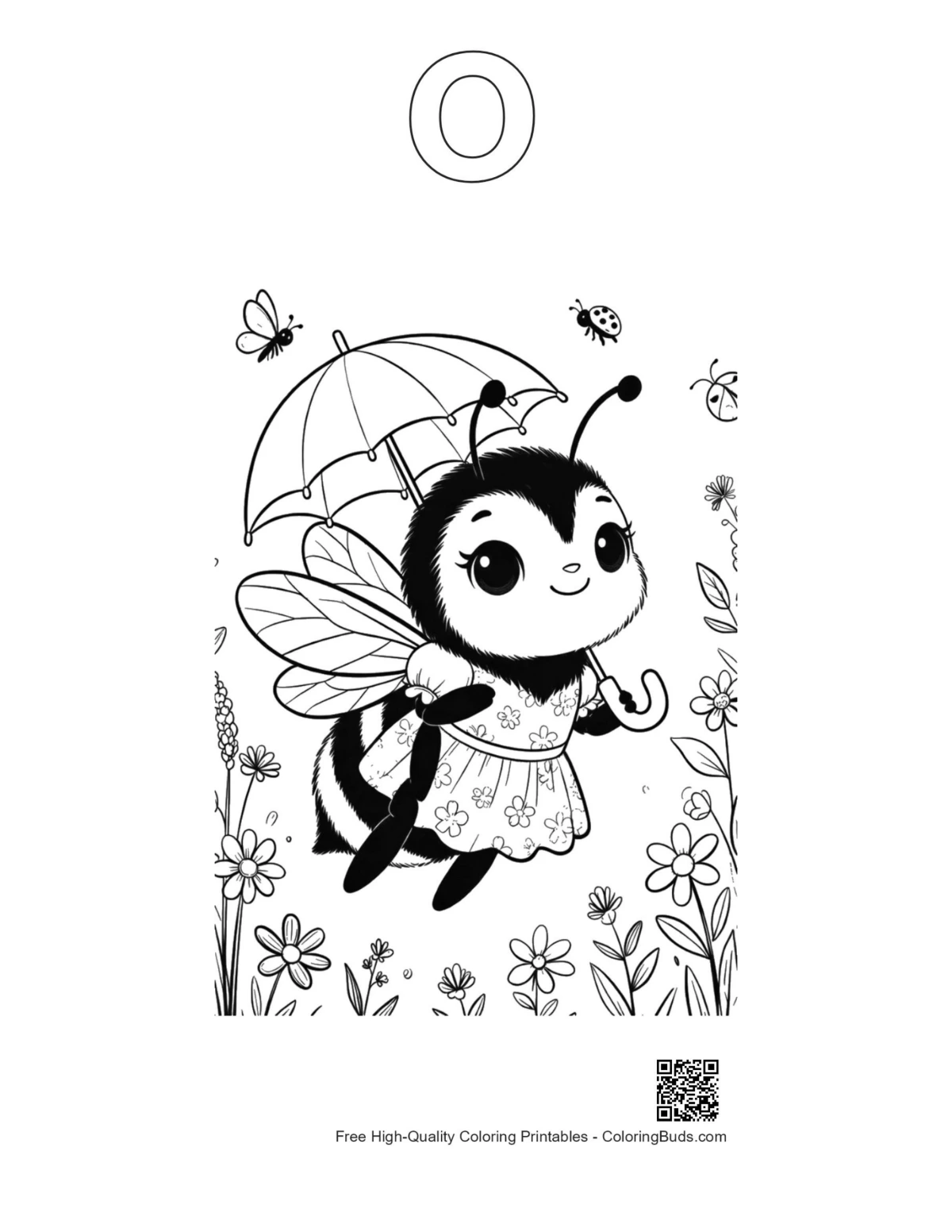 Cute bumble bee alphabet O outline coloring printable