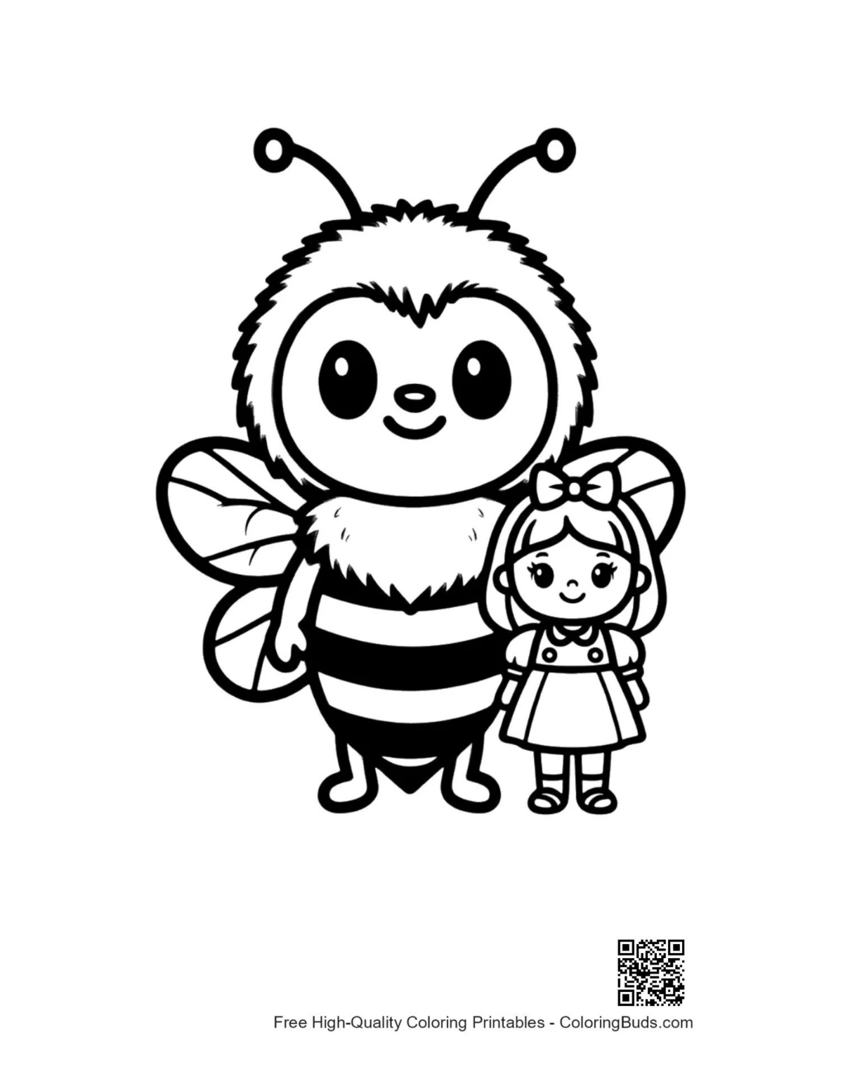 Cute bumblebee hugging little girl illustration
