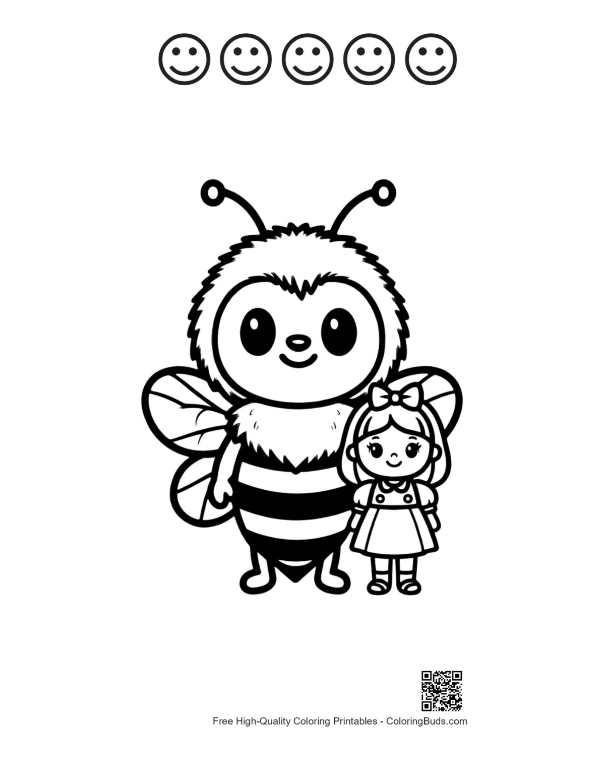 Bumblebee girl embrace with 5 happy faces outline
