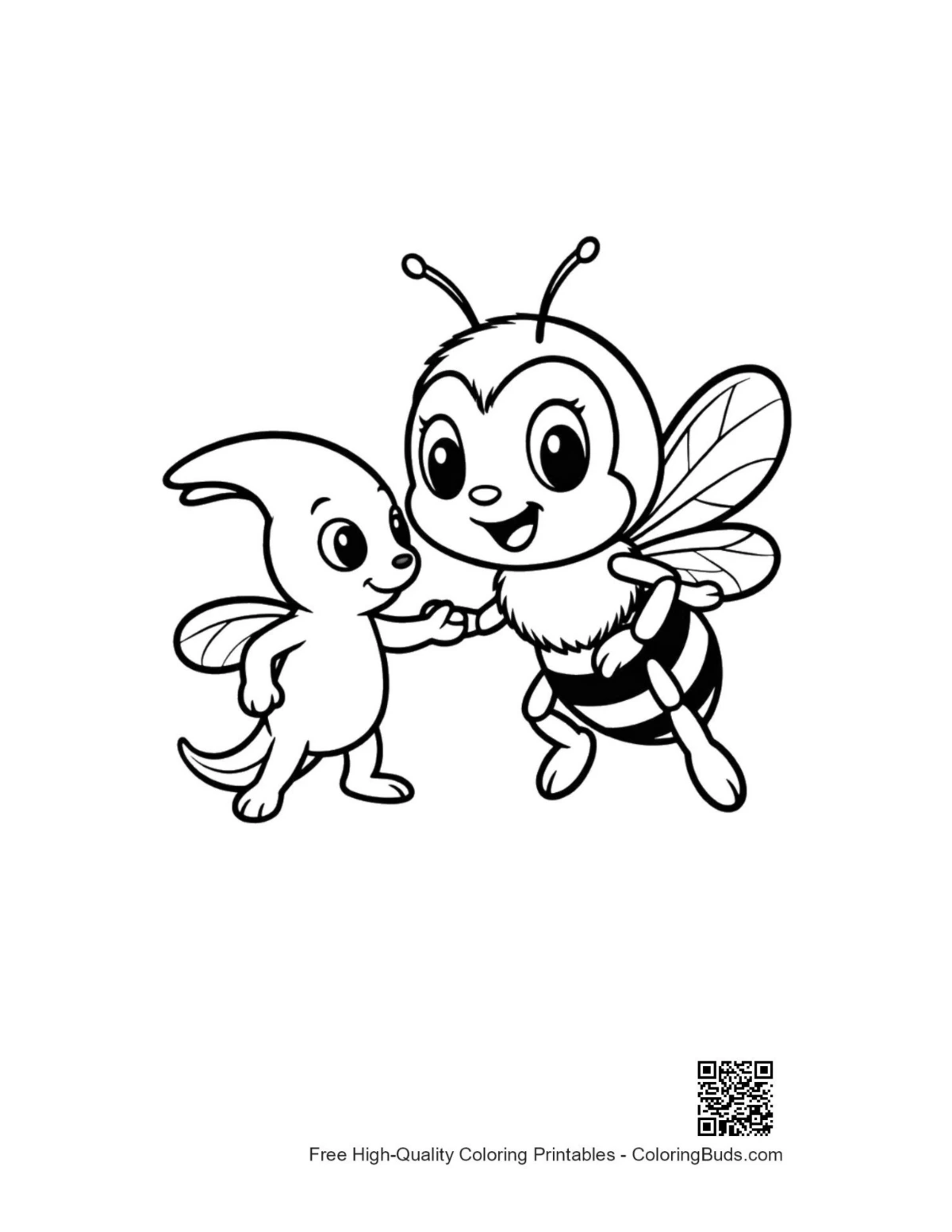 Cute honey bee shaking hands with dino buddy coloring page