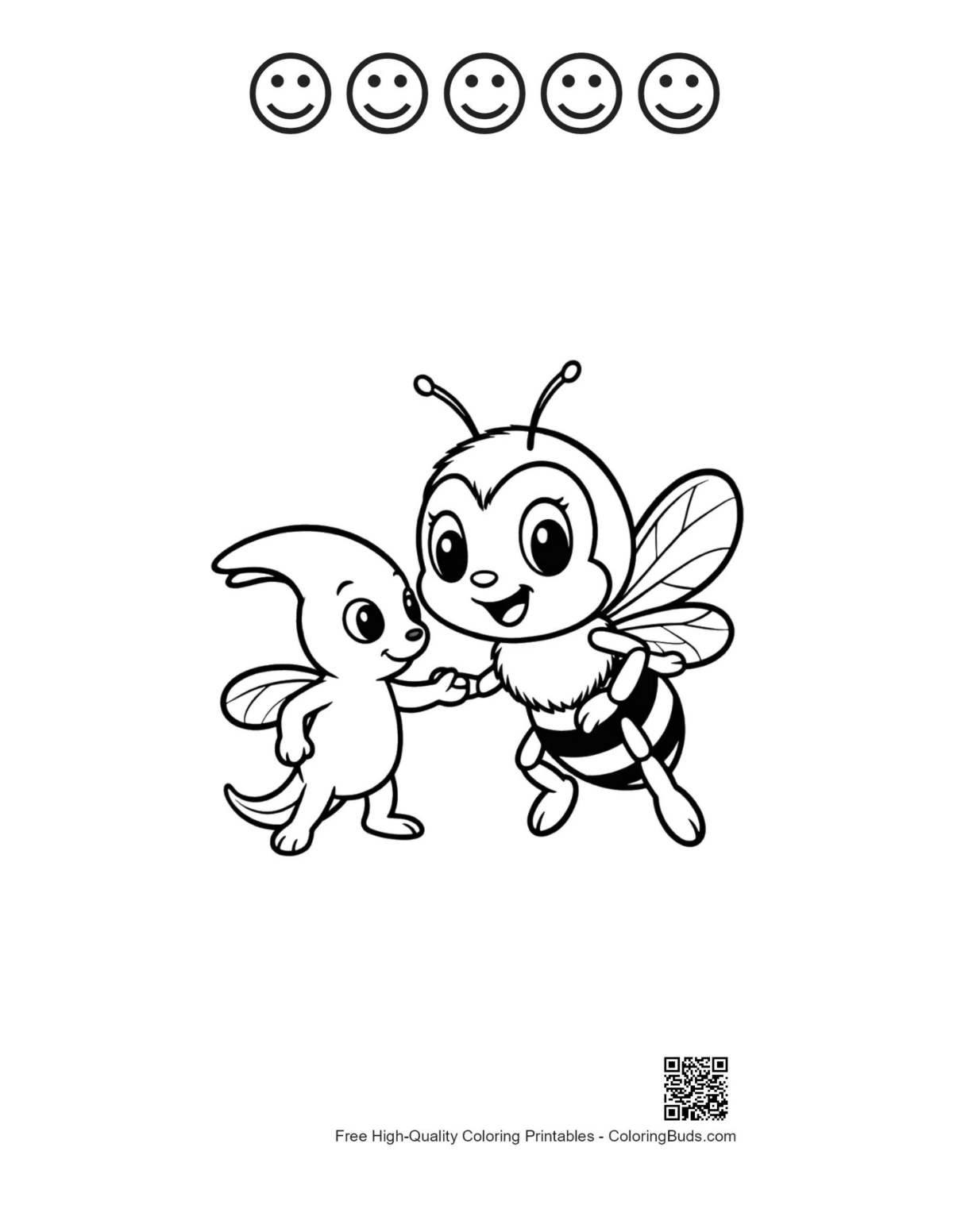 Cute bee dino friends with 5 happy faces outline