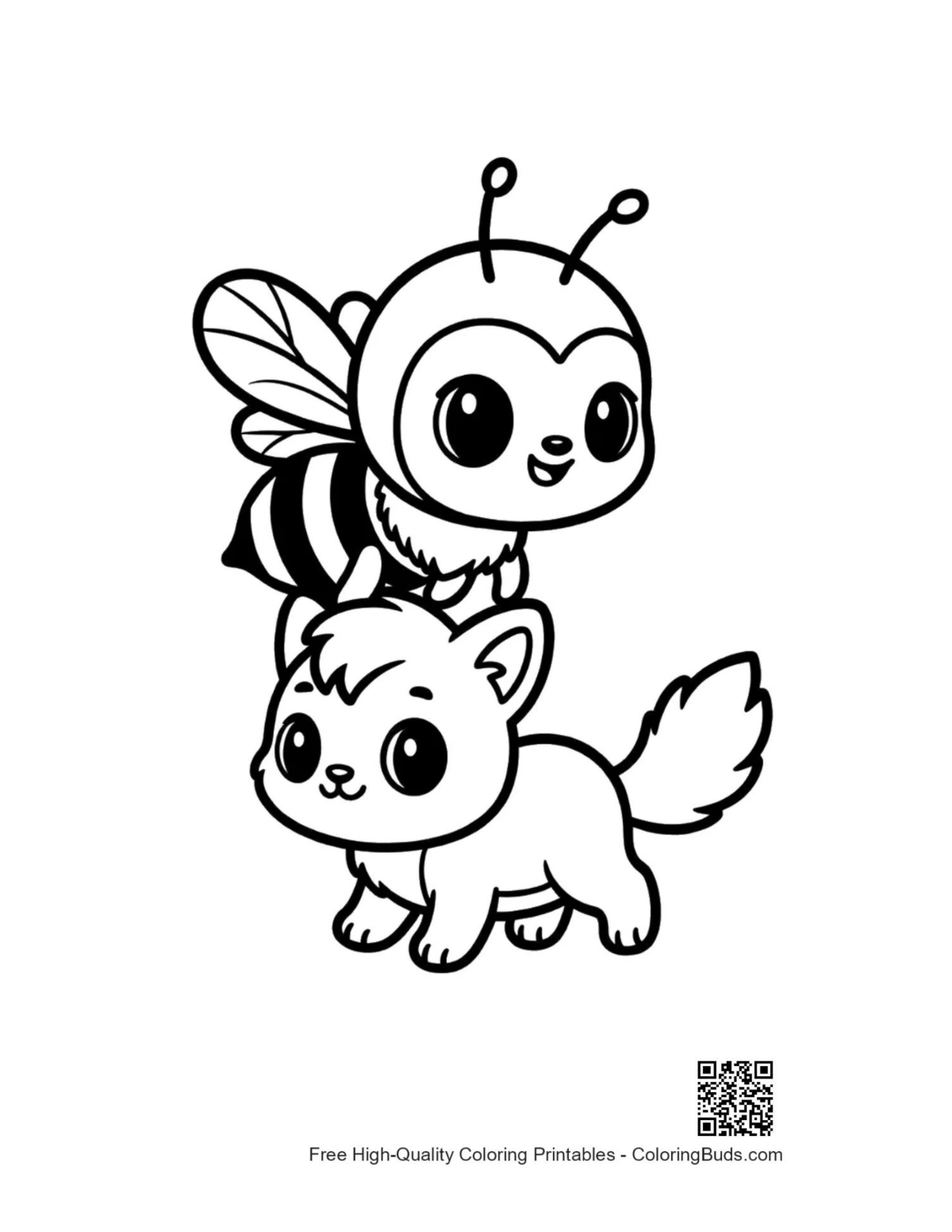 Cute honey bee and kitten standing together illustration