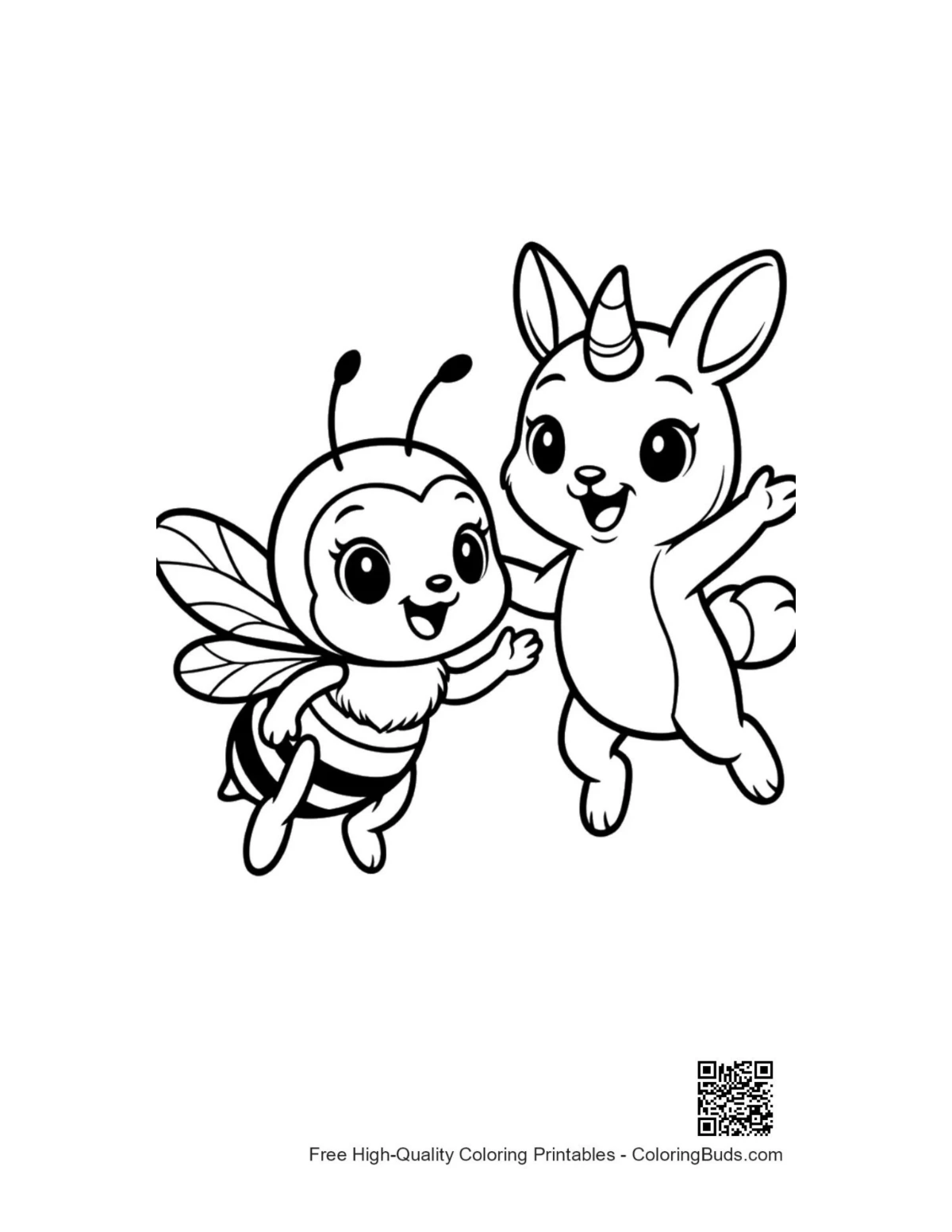 Cute honey bee and unicorn bunny friends illustration