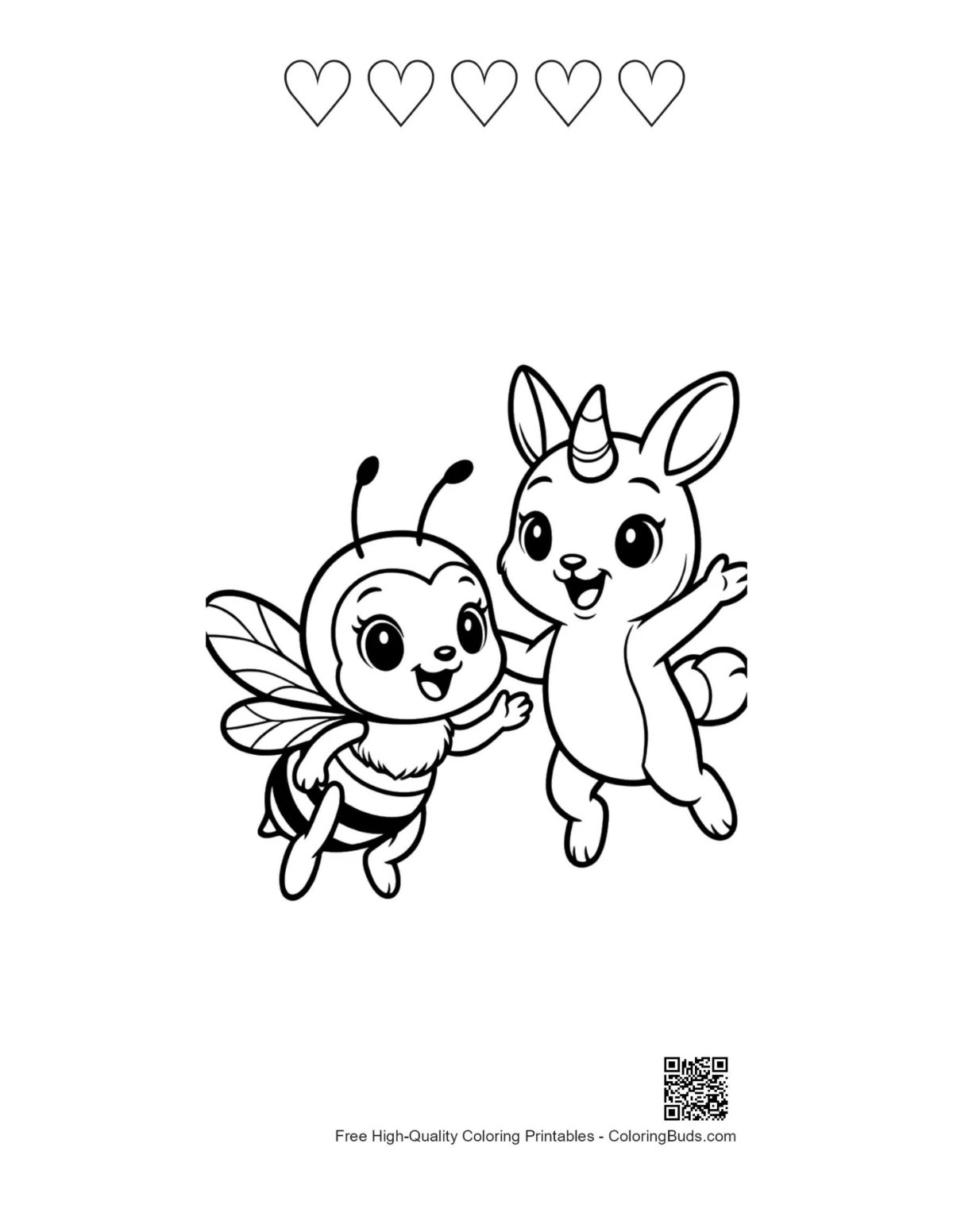 Heart outlines with cute honey bee and unicorn bunny