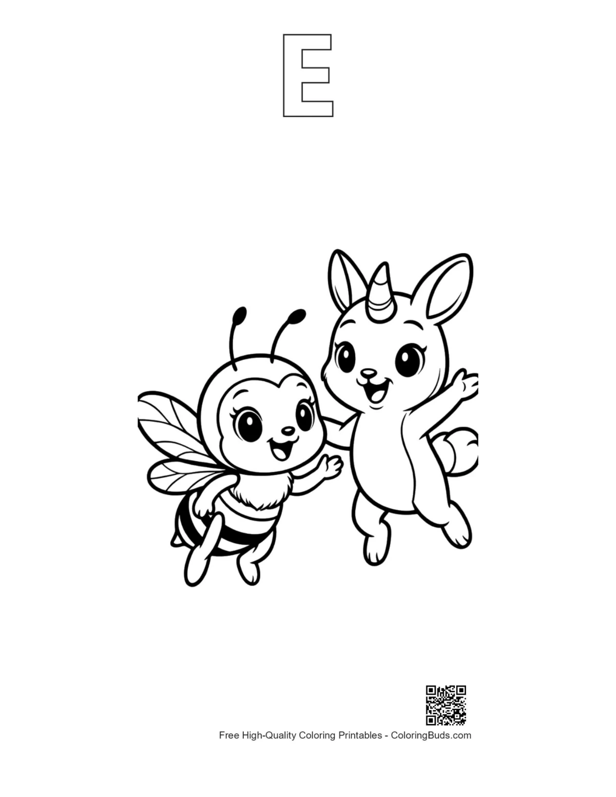 Outline alphabet E with cute honey bee and bunny