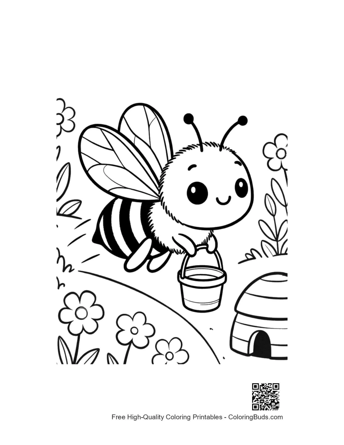 Cute honey bee with honey pot near hive coloring printable