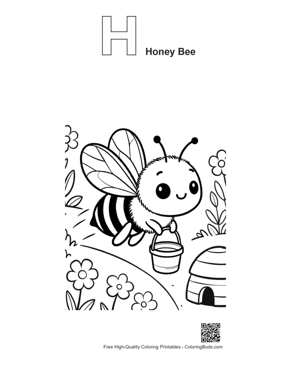 Honey bee printable with alphabet H outline coloring