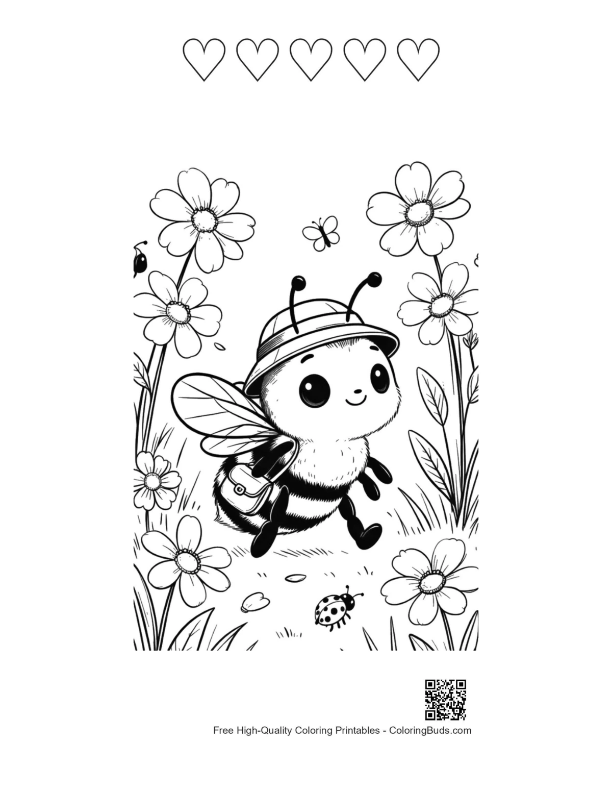 Cute bee coloring with 5 heart outlines