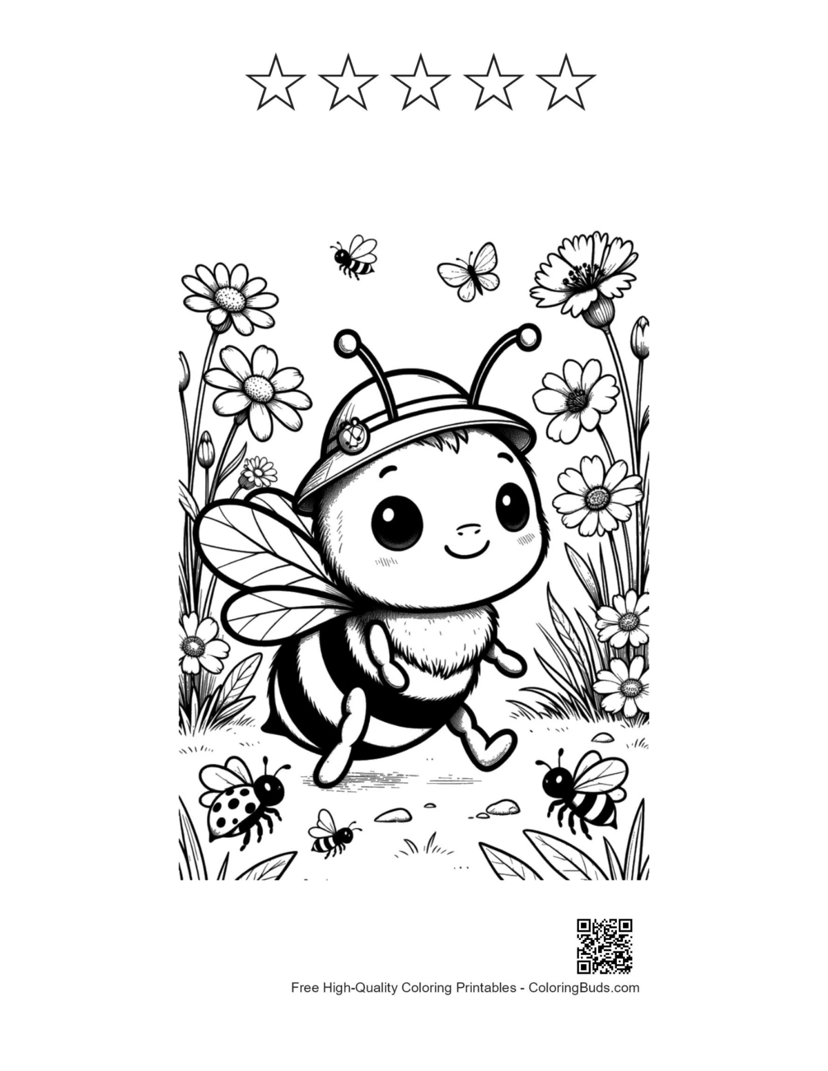 Cute bee coloring sheet with 5 stars outline